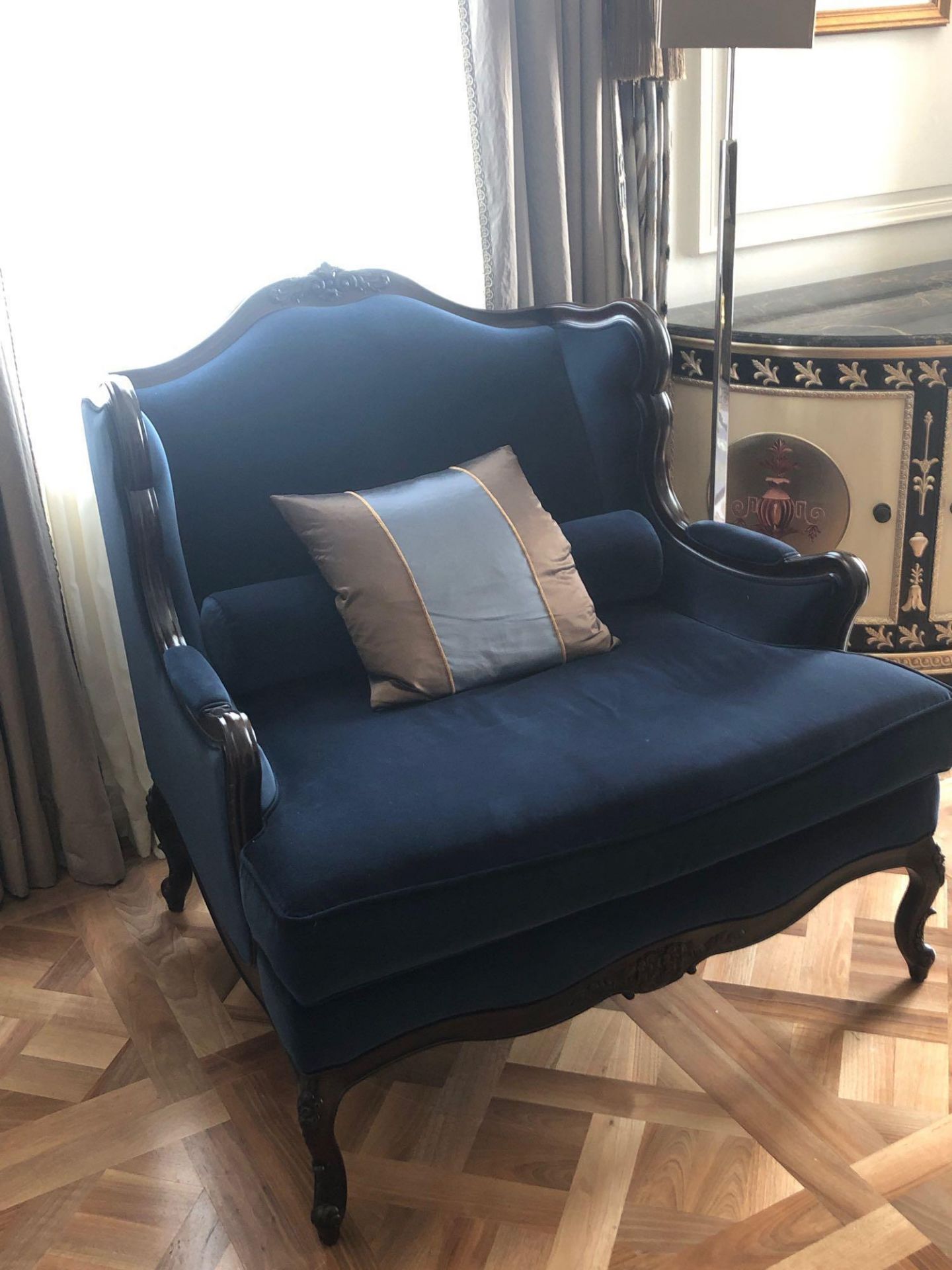 Louis XV Style Loveseat Mahogany Carved With Floral Patina And Cabriole Legs Blue Upholstered 100