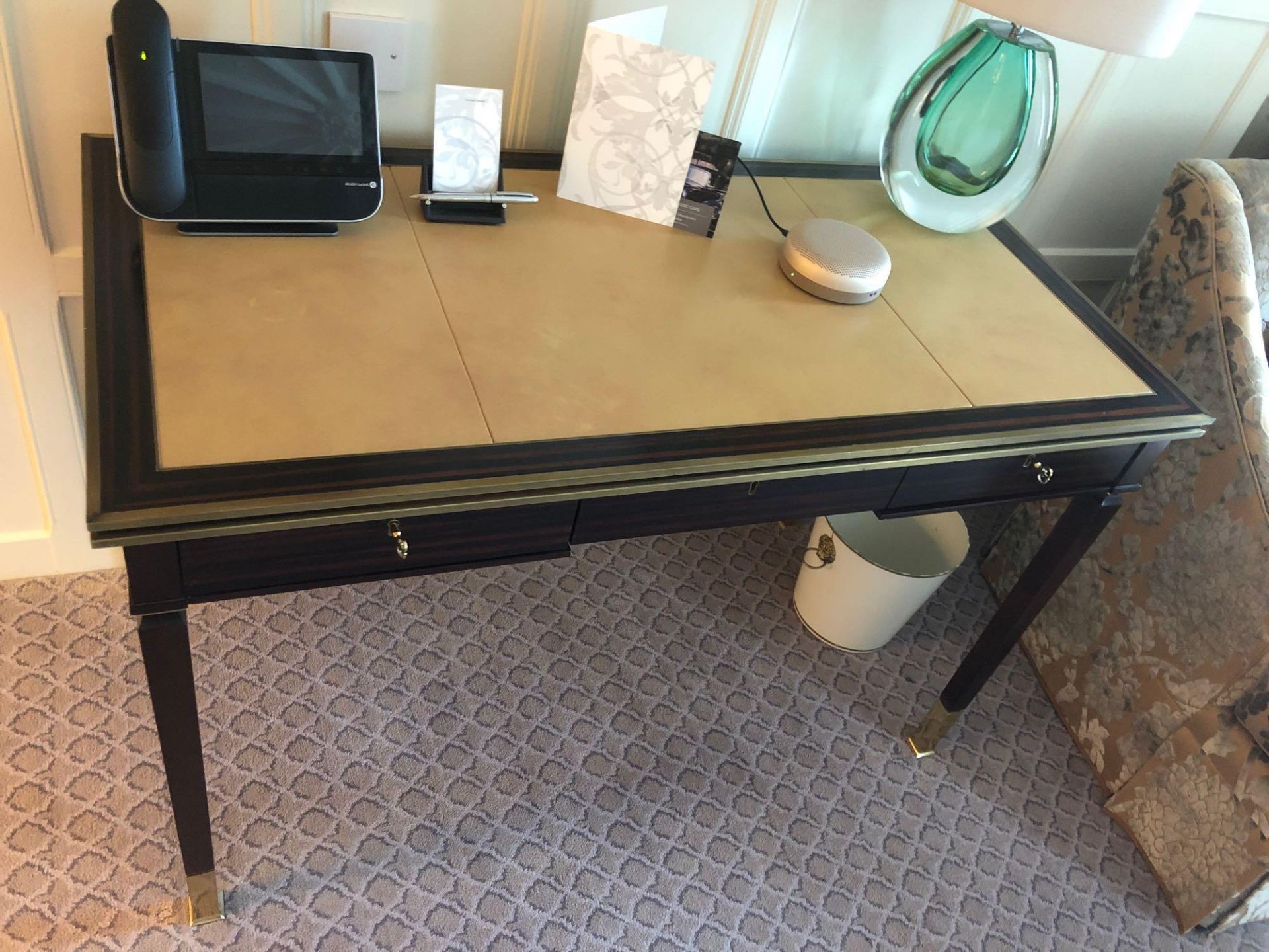 Writing Desk High Gloss Ebony Wood With Tooled Leather Inlay Faux Central Drawer Flanked By Single