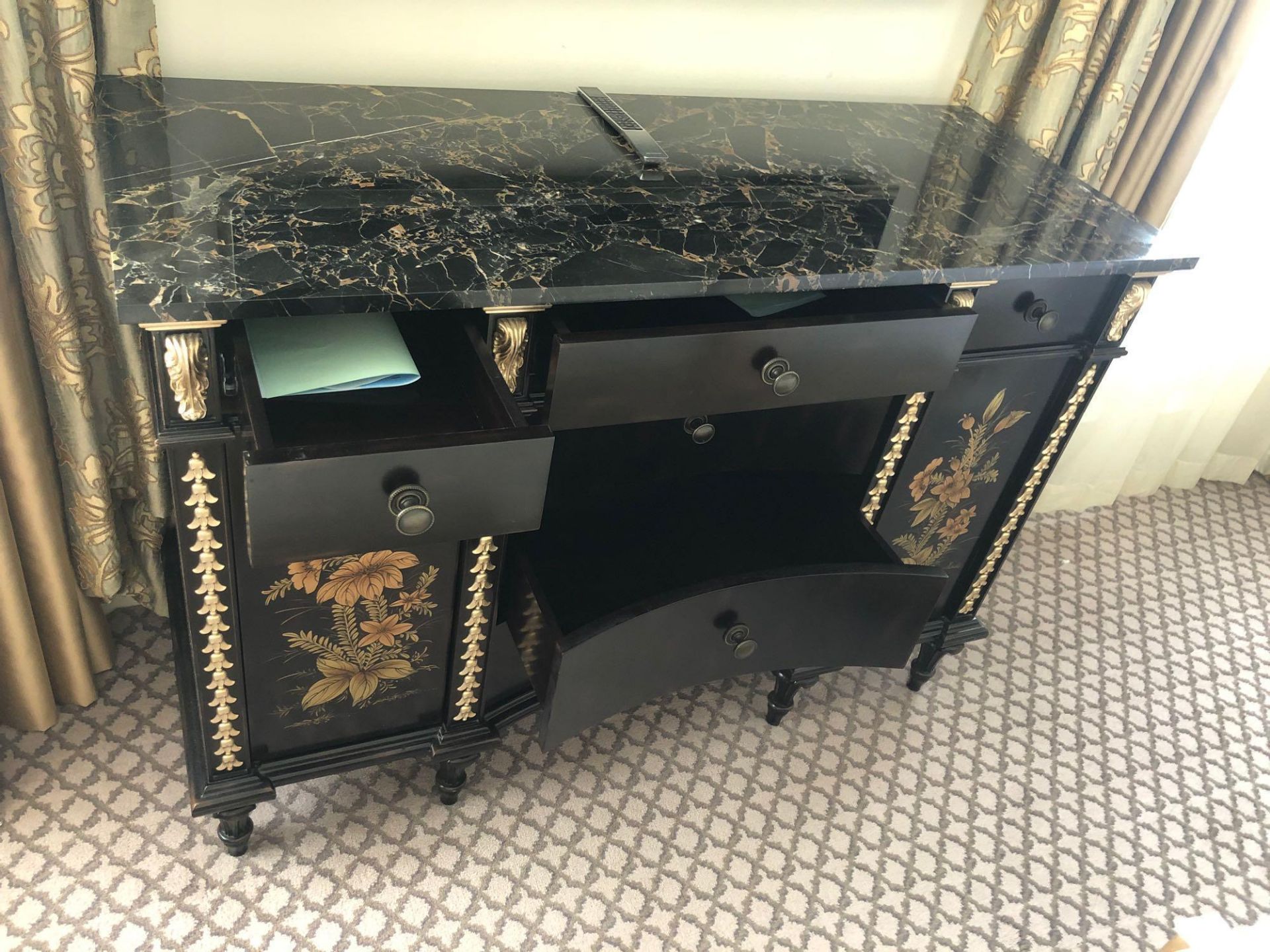 Black Lacquer Hand Decorated Chinoiserie Serpentine Commode By Restall Brown And Clennell The Six - Image 2 of 3