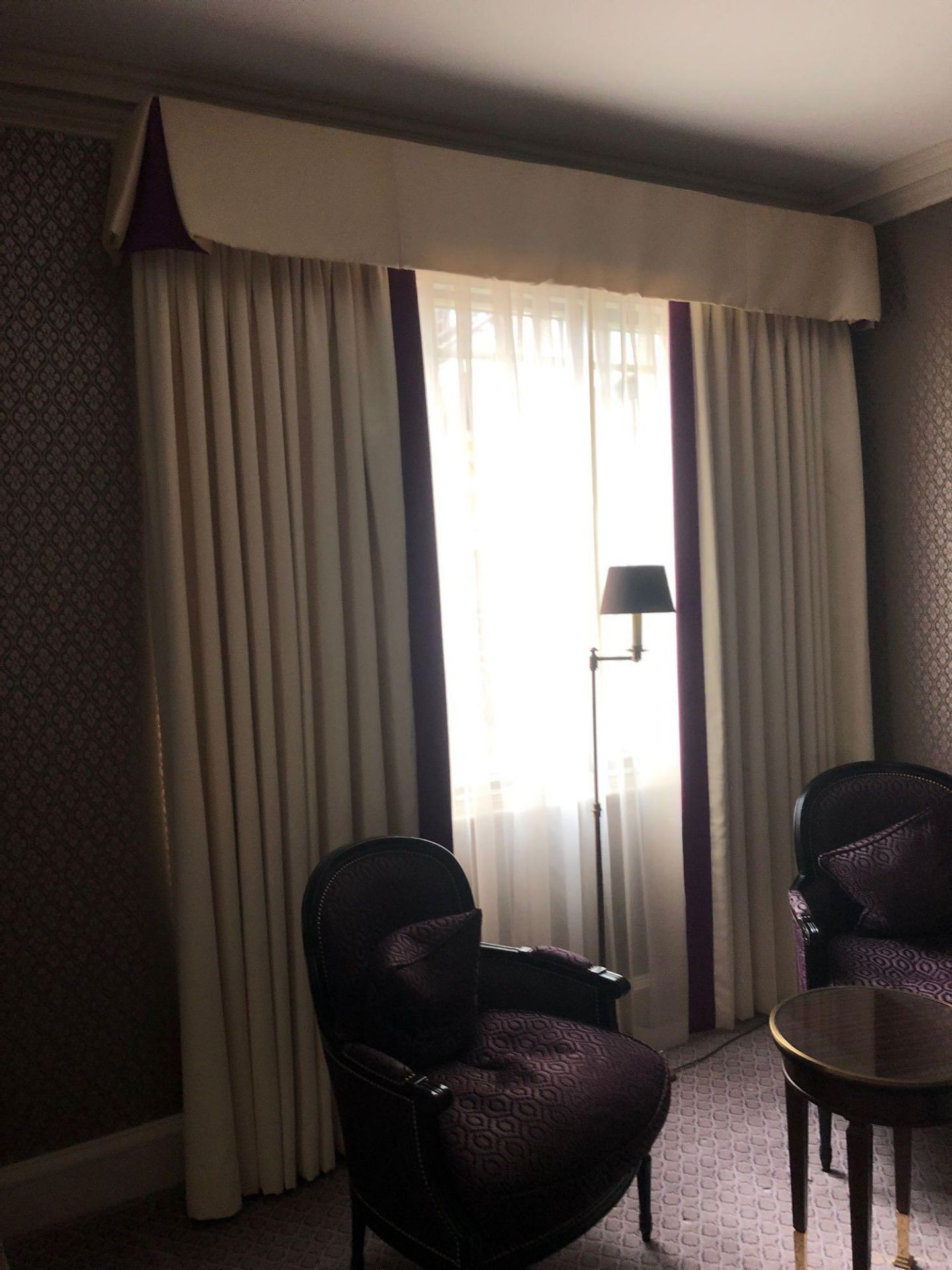 A Pair Of Silk Drapes And Jabots Champagne And Purple With Pelmet 260 x 240cm (Room 508)