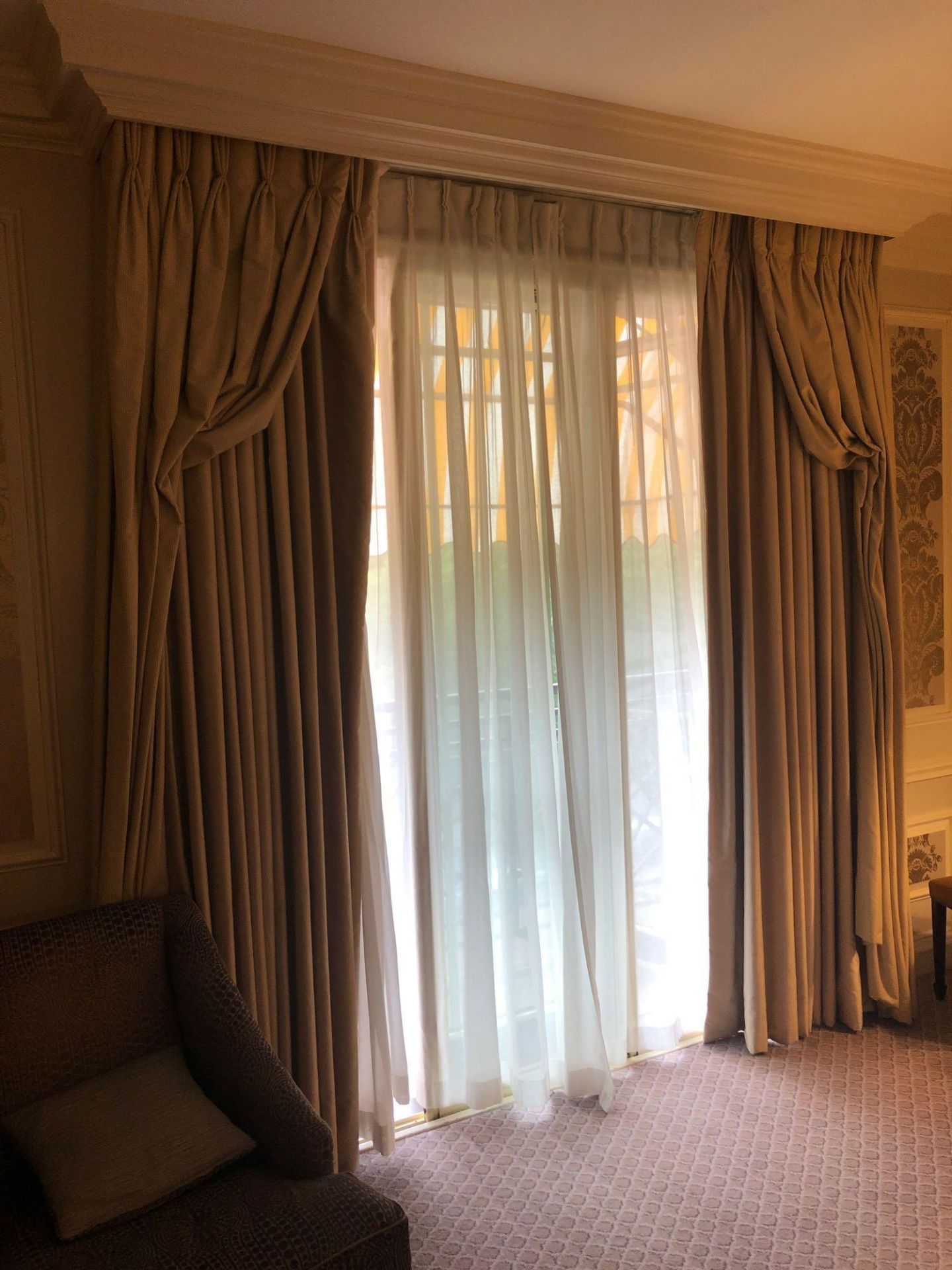 A Pair Of Gold And Silver Silk Drapes And Jabots With Tie Backs Span 260 x 230cm (Room 509)