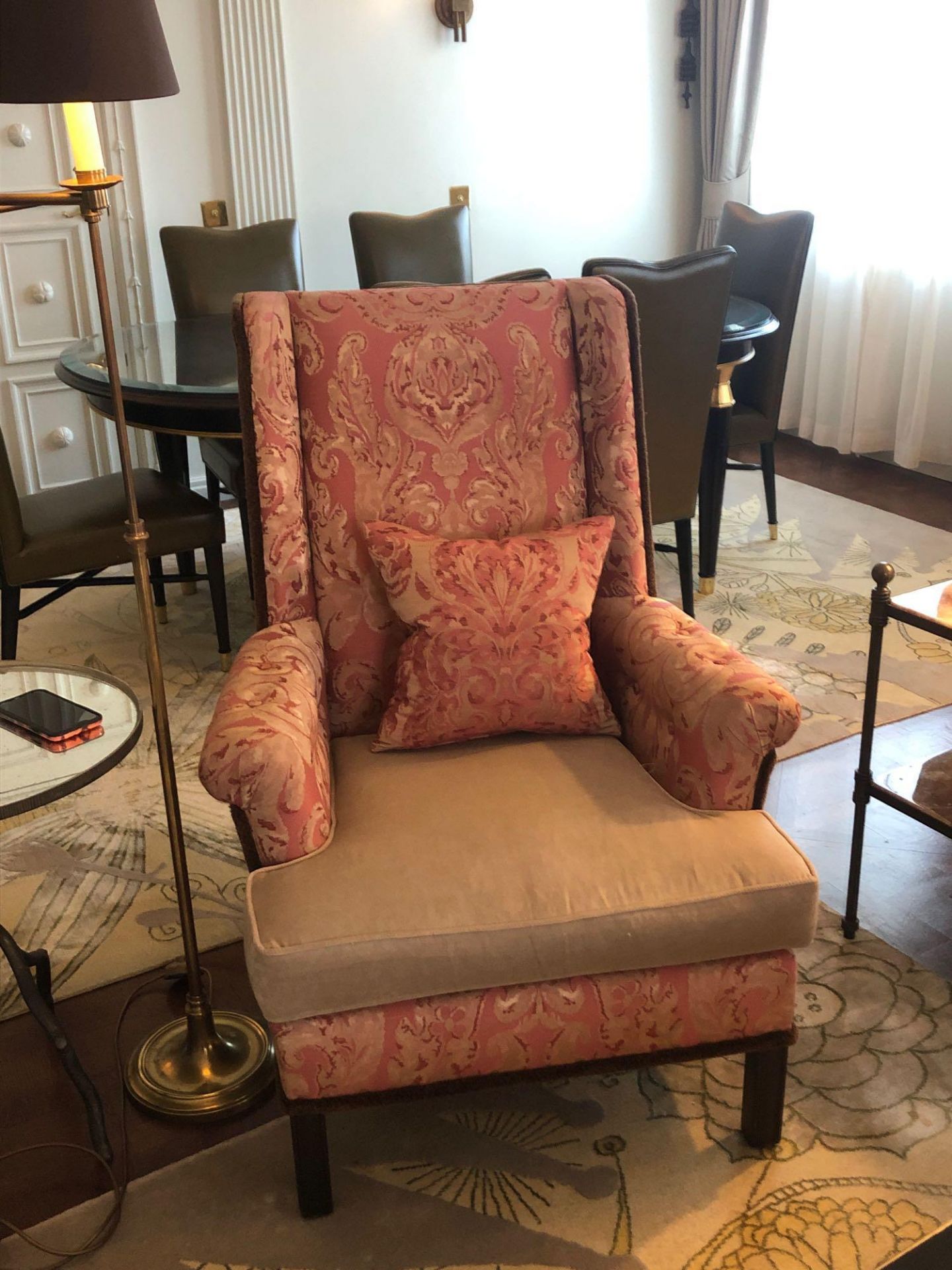 Upholstered Wingback Fireside Chair In A Damask Pink Fabric With Golden Leaf Pattern With Contrast