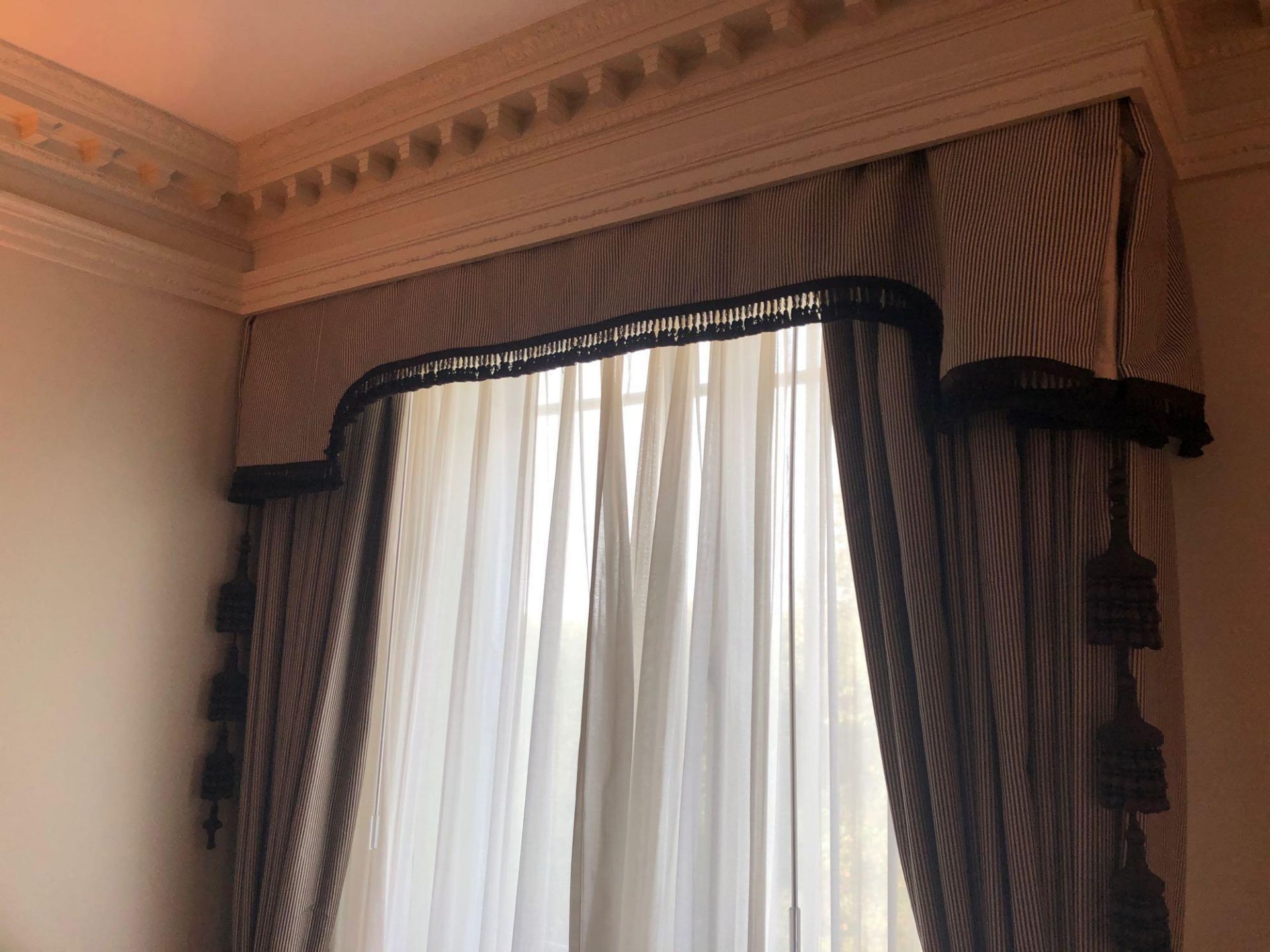 A Pair Of Drapes Fabric In Brown And White Striped Complete With Pelmet And Tassels 257 x 180cm ( - Image 2 of 4