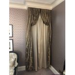A Pair Of Silk Drapes And Jabots In Gold And Green Patterned 265 x 940cm (Room 527)