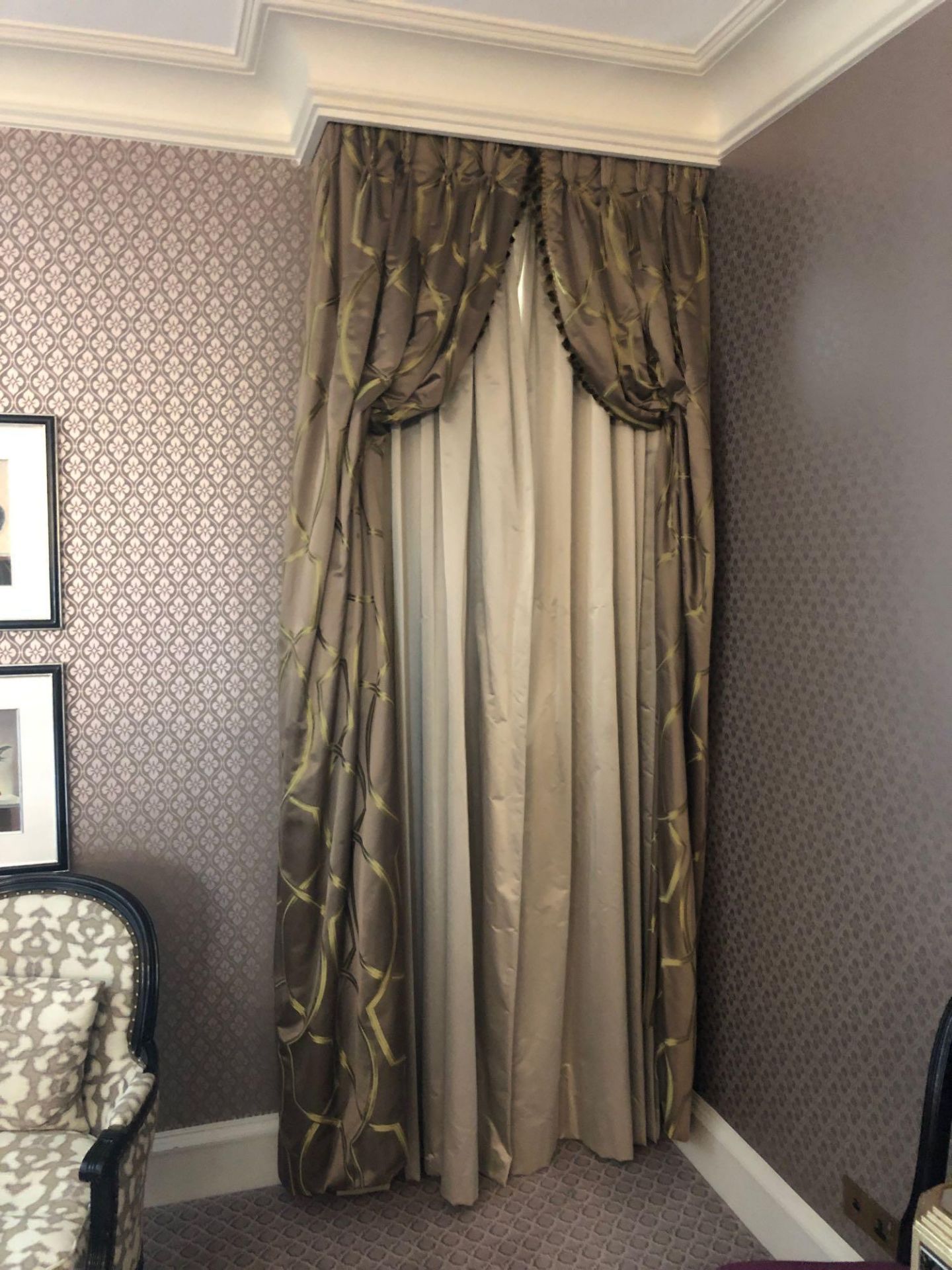 A Pair Of Silk Drapes And Jabots In Gold And Green Patterned 265 x 940cm (Room 527)