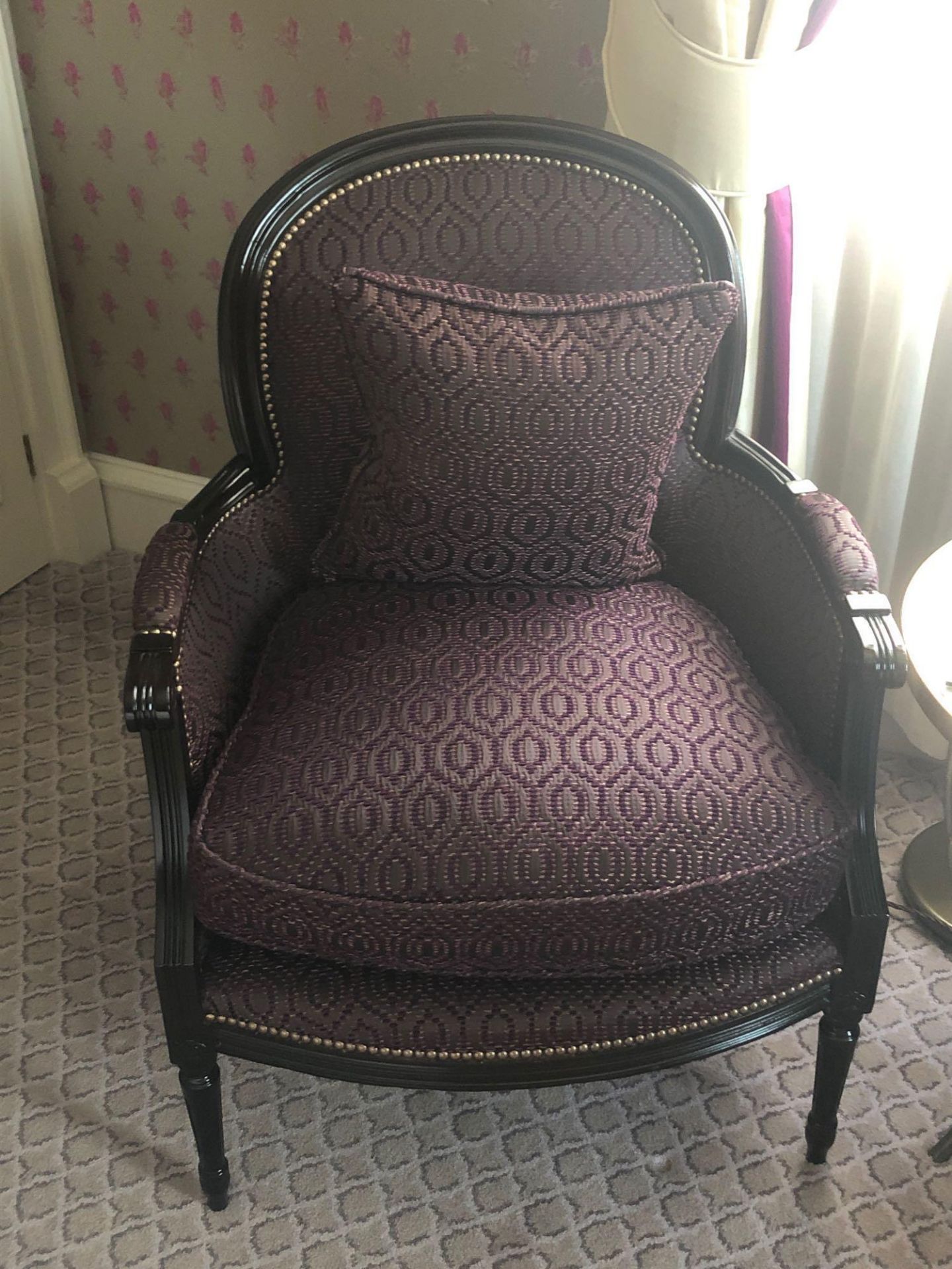 A Pair Of Bergere Chairs Black Wood Frame Upholstered In A Dark Mauve Pattern With Stud Pin Detail - Bild 2 aus 3