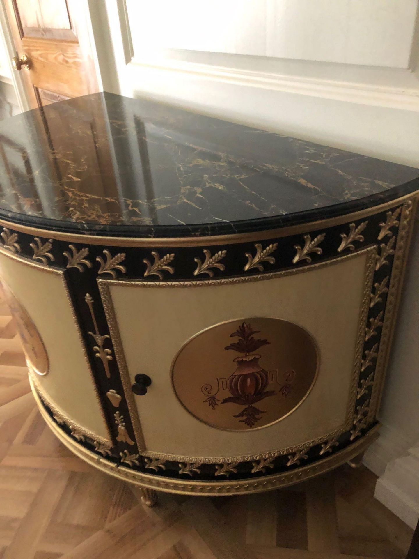 Adam Style Demilune Commode Cabinet With Classical Painted Scenes And Gilded Decoration With - Bild 3 aus 5