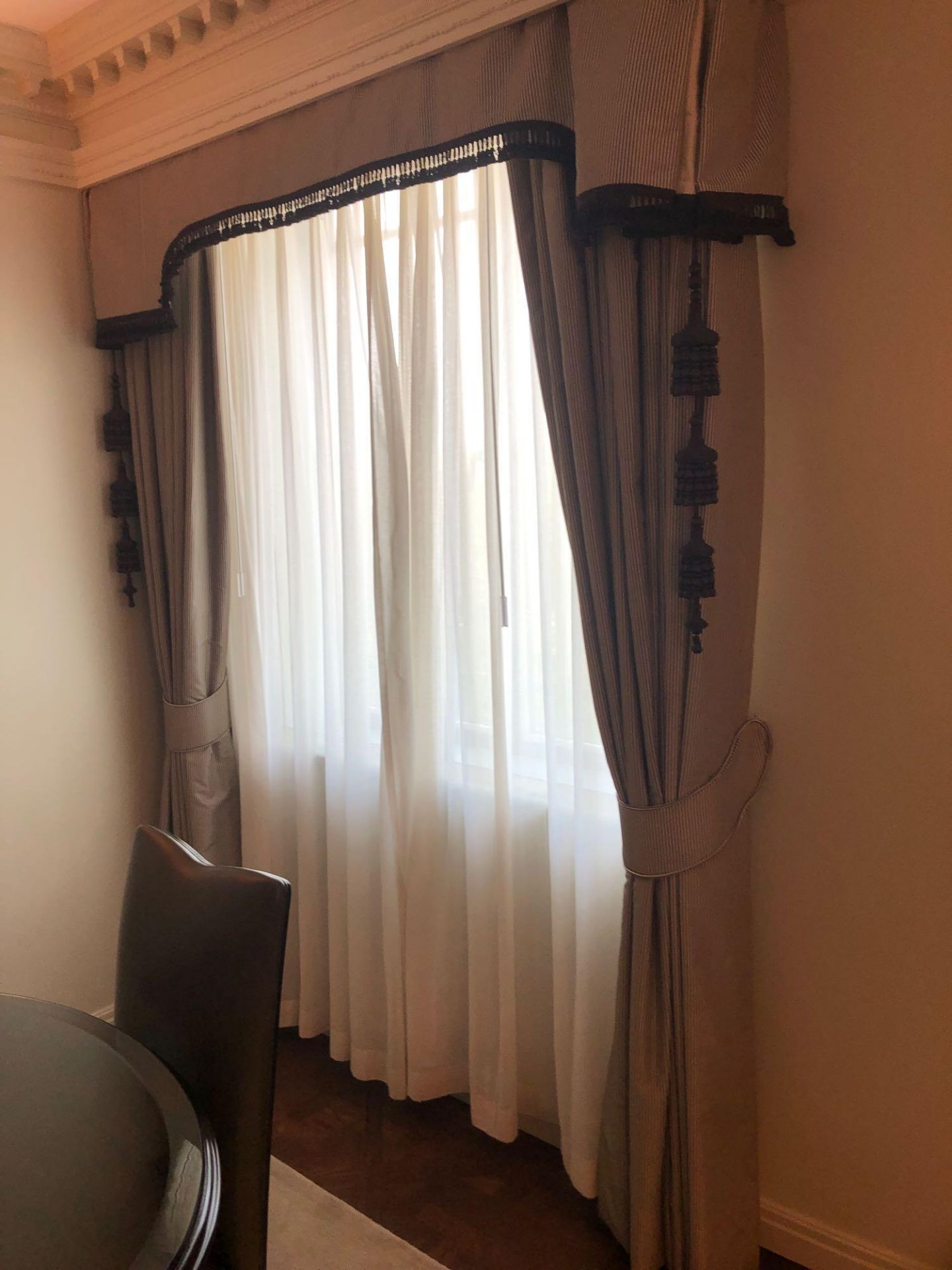 A Pair Of Drapes Fabric In Brown And White Striped Complete With Pelmet And Tassels 257 x 180cm (