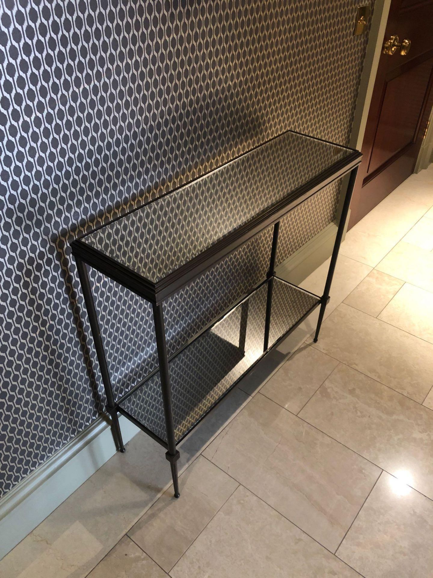 A Forged Metal Two Tier Console Table With Glass Shelves 88 x 24 x 74cm (Room 519)