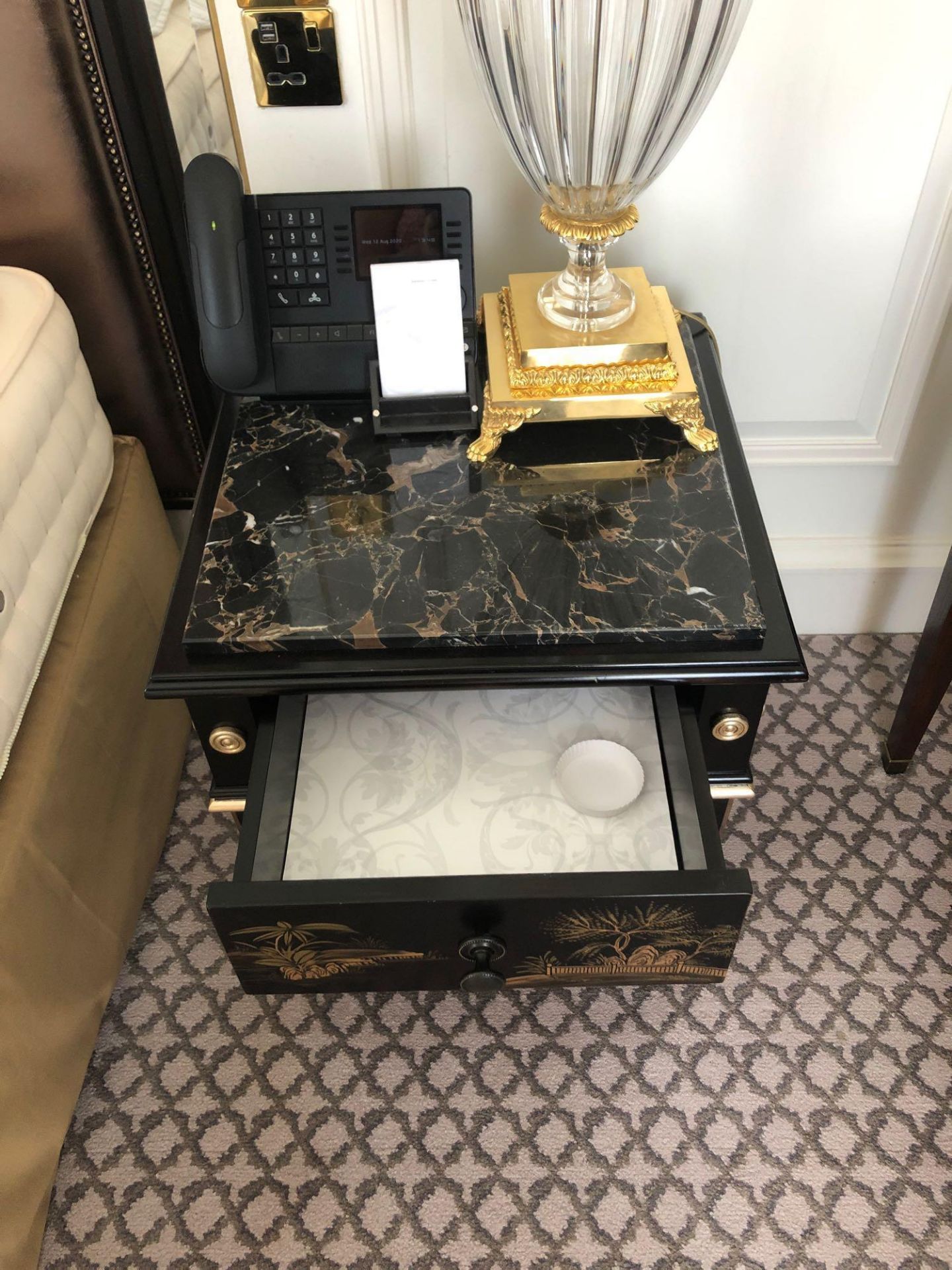 A Pair Of Marble Top Chinoiserie Black Lacquer Nightstands With Single Drawer With Hand Painted - Image 2 of 3