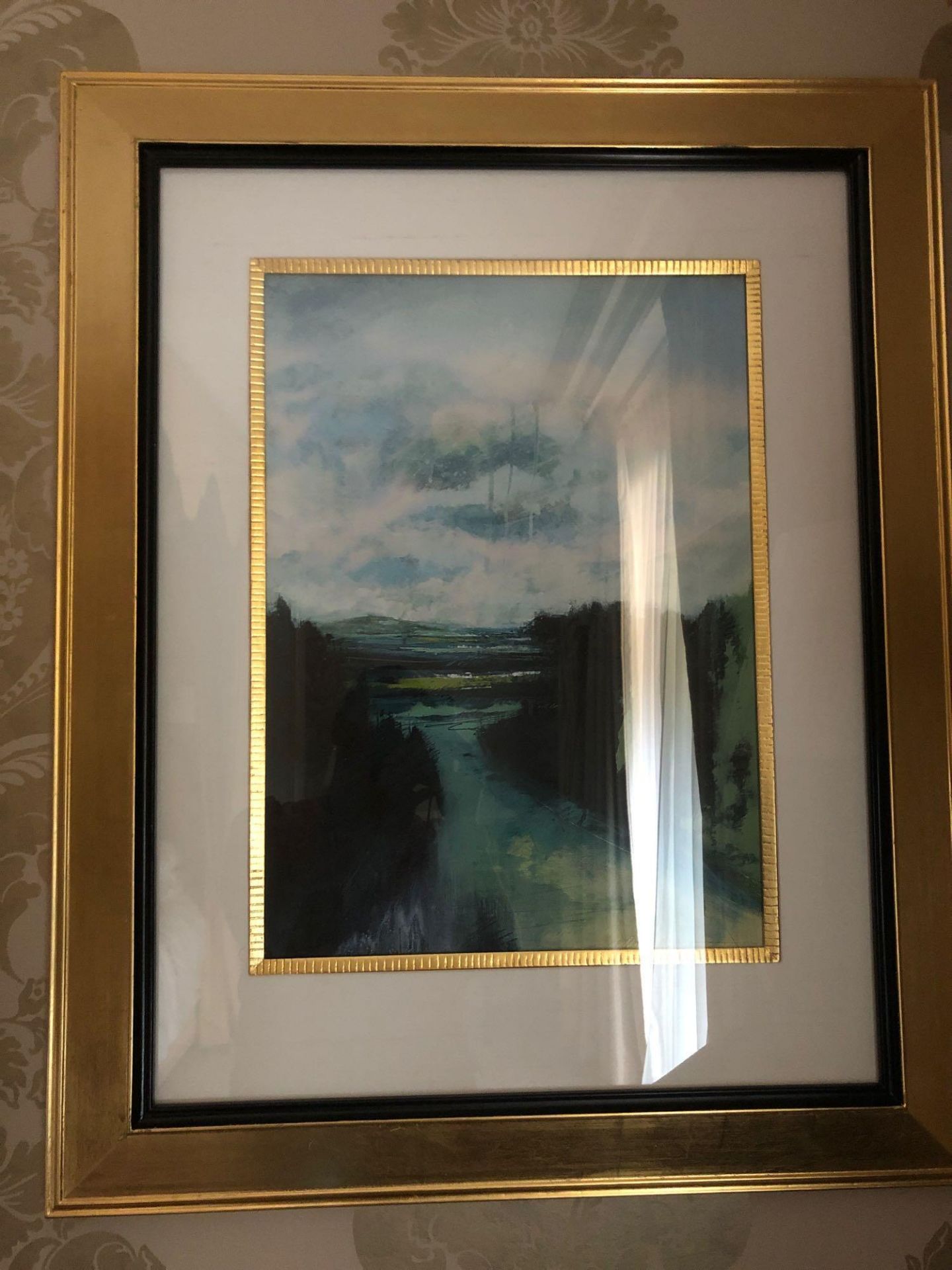 Landscape Lithograph Print In Portrait Untitled 93 x 75cm Gold Wooden Frame (Room 509)