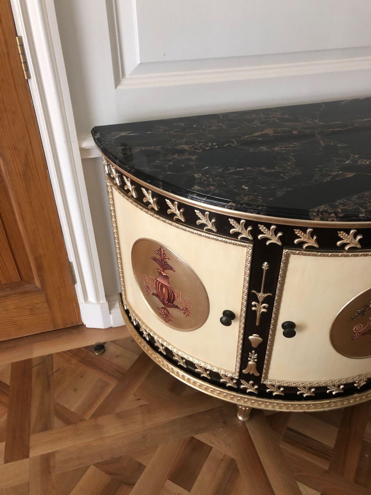 Adam Style Demilune Commode Cabinet With Classical Painted Scenes And Gilded Decoration With - Bild 2 aus 5