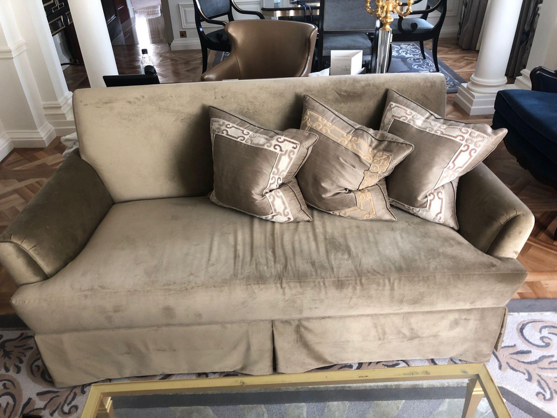 Classic Upholstered Three Seater Sofa In Light Brown Fabric Complete With Scatter Cushions 230 x