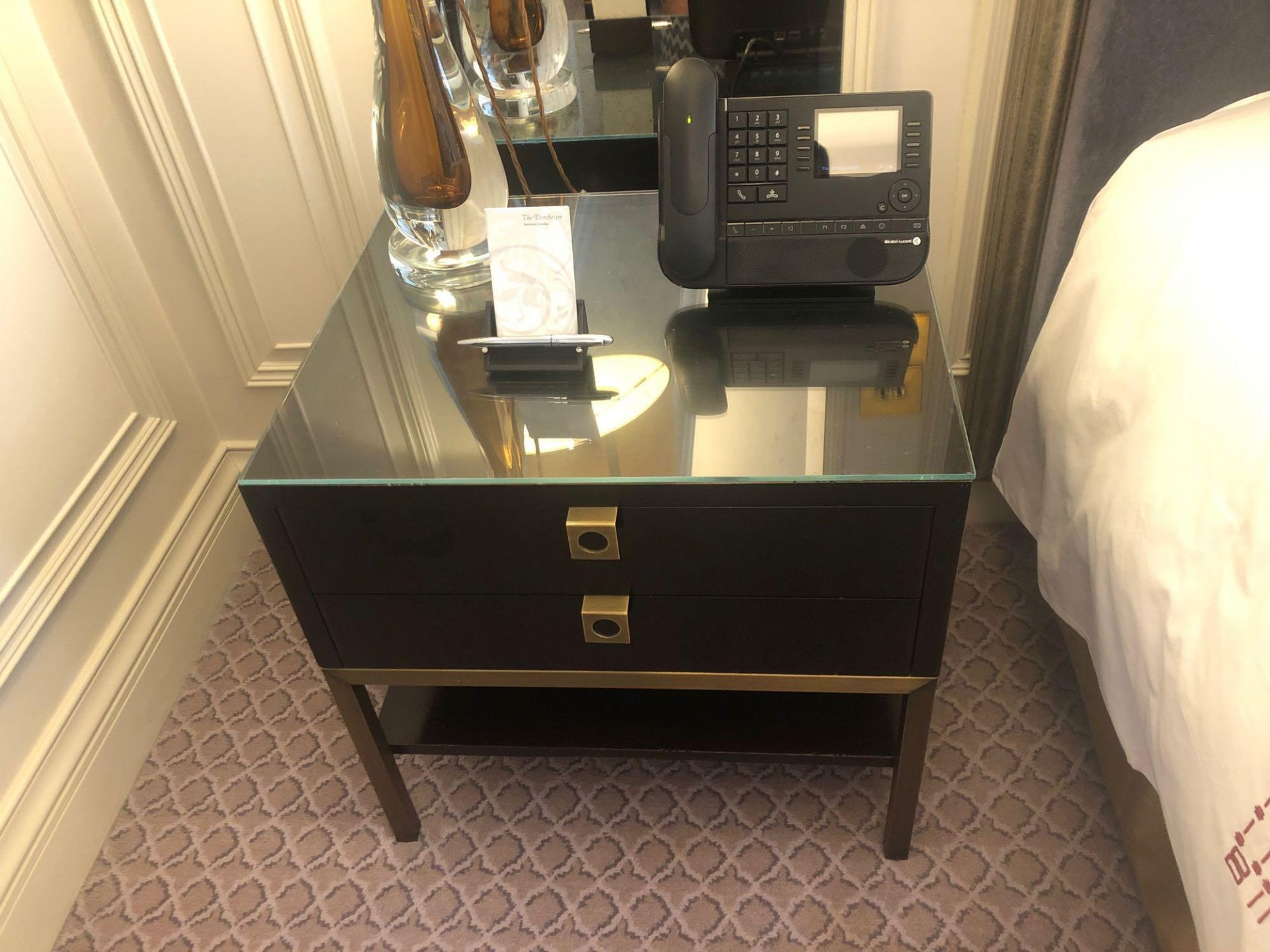 A Pair Of Night Stands Two Drawer With Bronzed Handle Pulls And Protective Glass Top 50 x 50 x