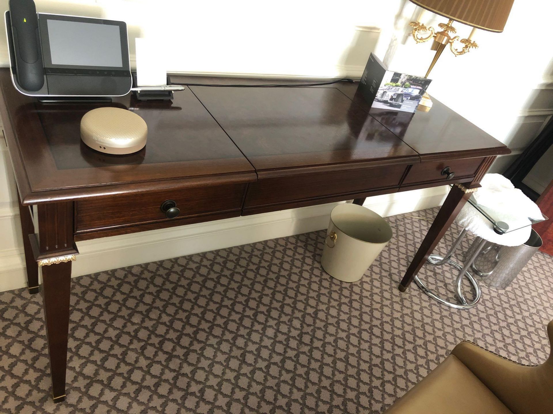 A Burr Mahogany Writing Desk / Dressing Table Fitted With Two Small Side Drawers The Central Panel