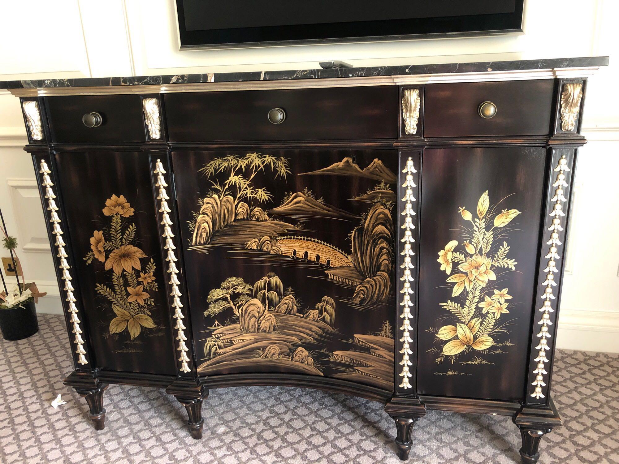 Black Lacquer Hand Decorated Chinoiserie Serpentine Commode By Restall Brown And Clennell The Six