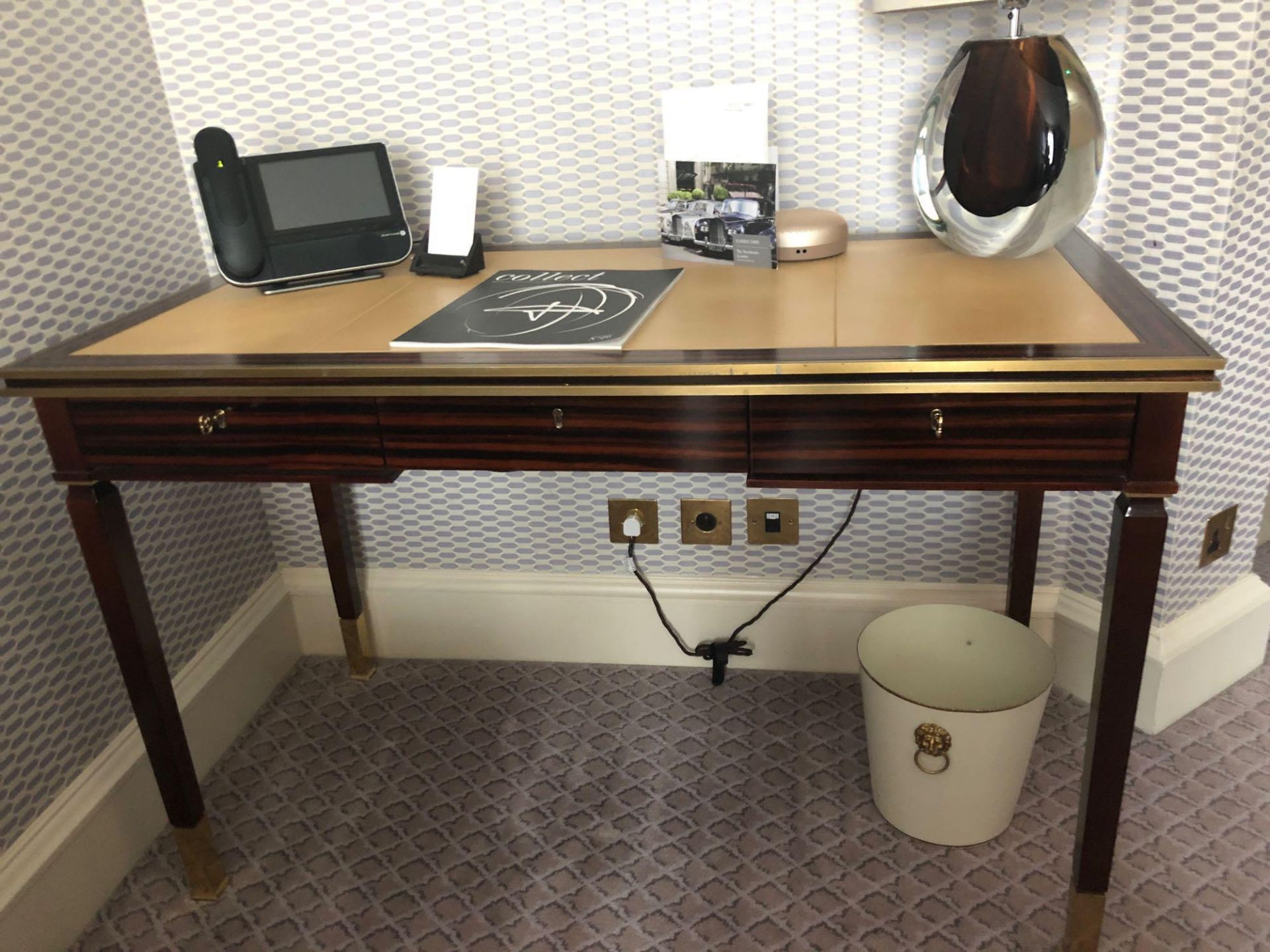 Writing Desk With Tooled Leather Inlay Faux Central Drawer Flanked By Single Drawer And Flap