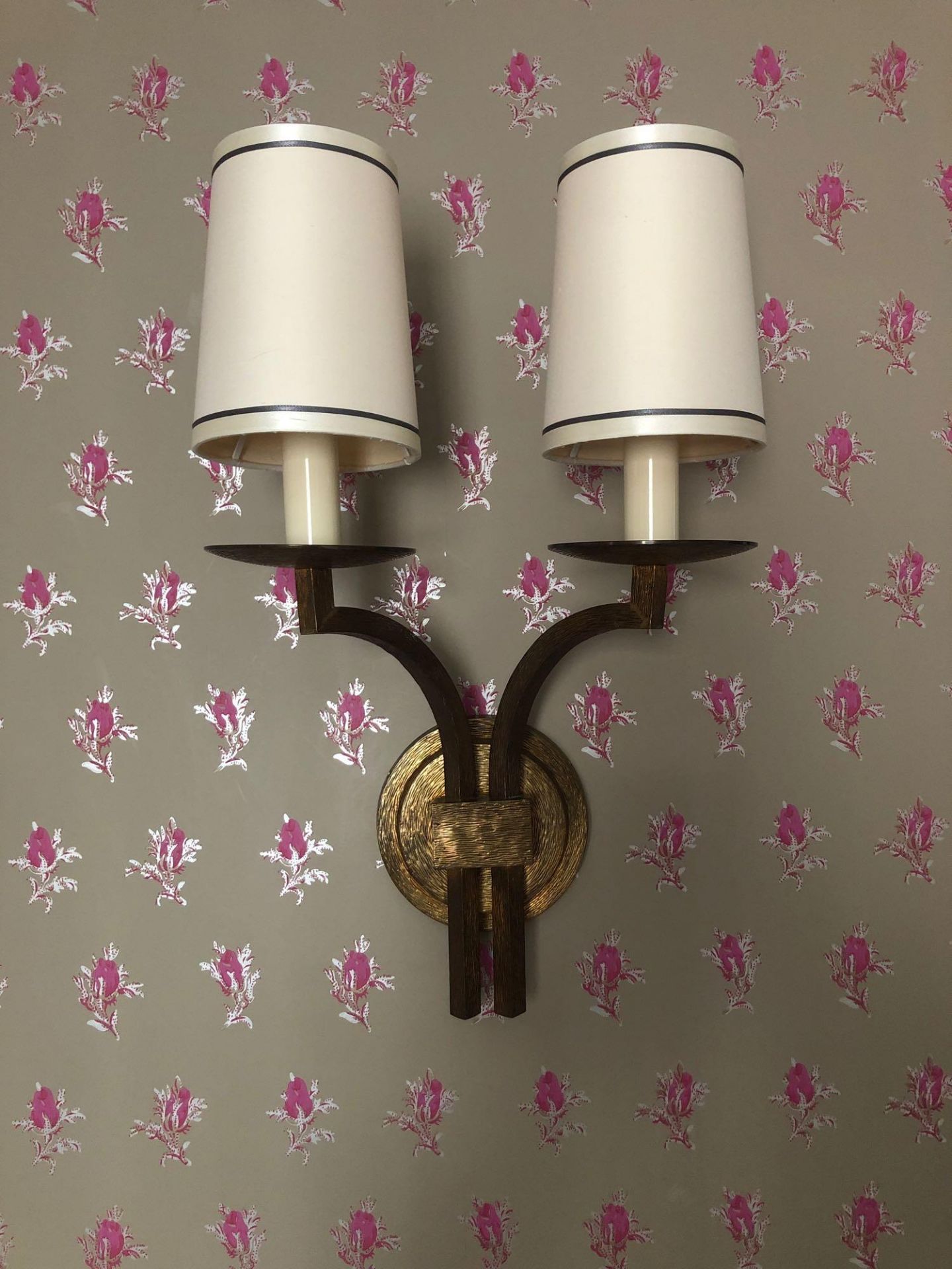 A Pair Of Dernier And Hamlyn Twin Arm Antique Bronzed Wall Sconces With Shade 51cm (Room 519)
