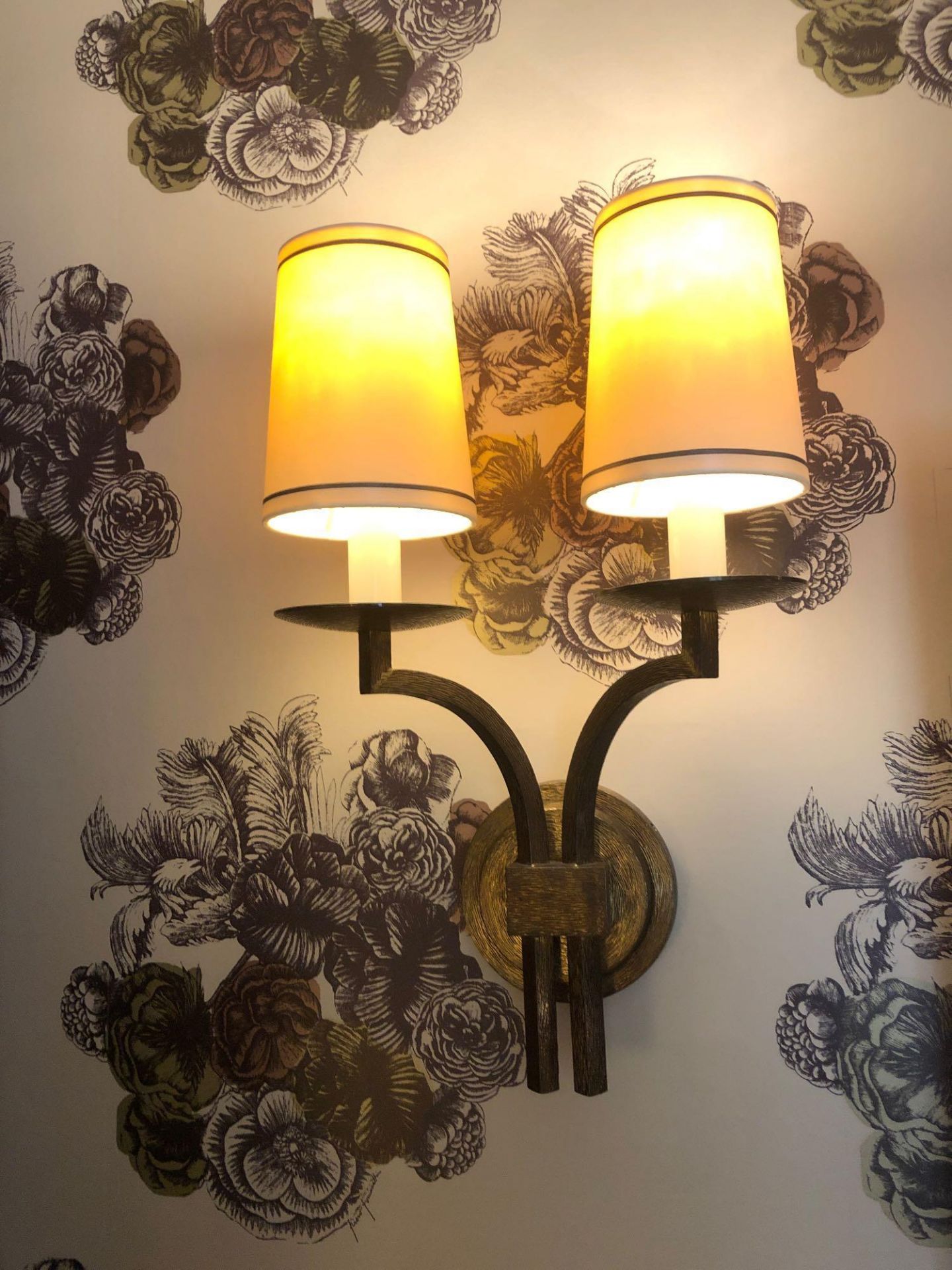 A Pair Of Dernier And Hamlyn Twin Arm Antique Bronzed Wall Sconces With Shade 51cm (Room 512)