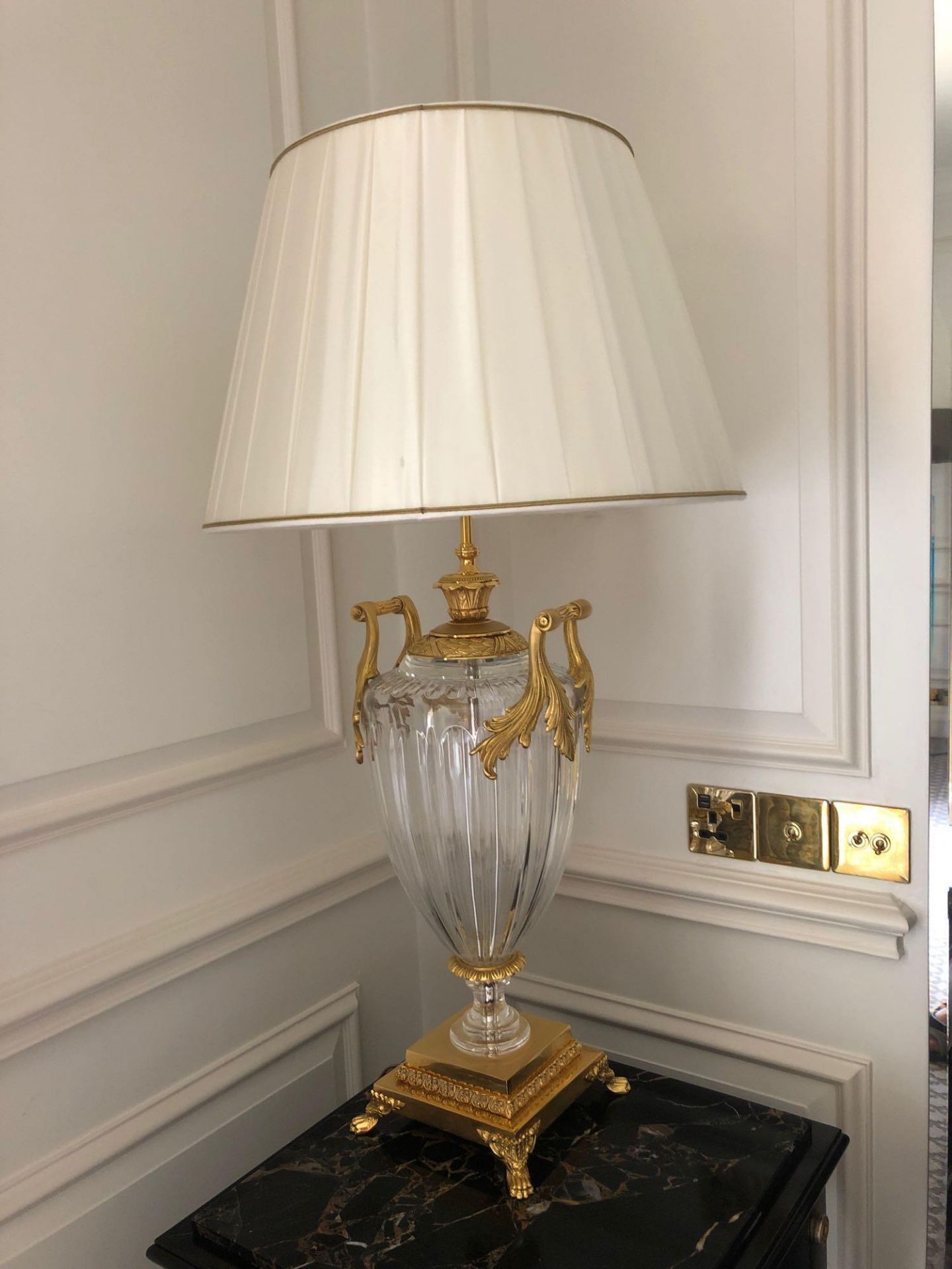 A Pair Of Laudarte Crystal Table Lamps Inserts And Decorations In 24ct Gold With Shade 95cm Tall (