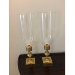 A Pair Of Candle Holders With Tall Glass Shades And Brass Featuring Ornamental Design 42cm (Room