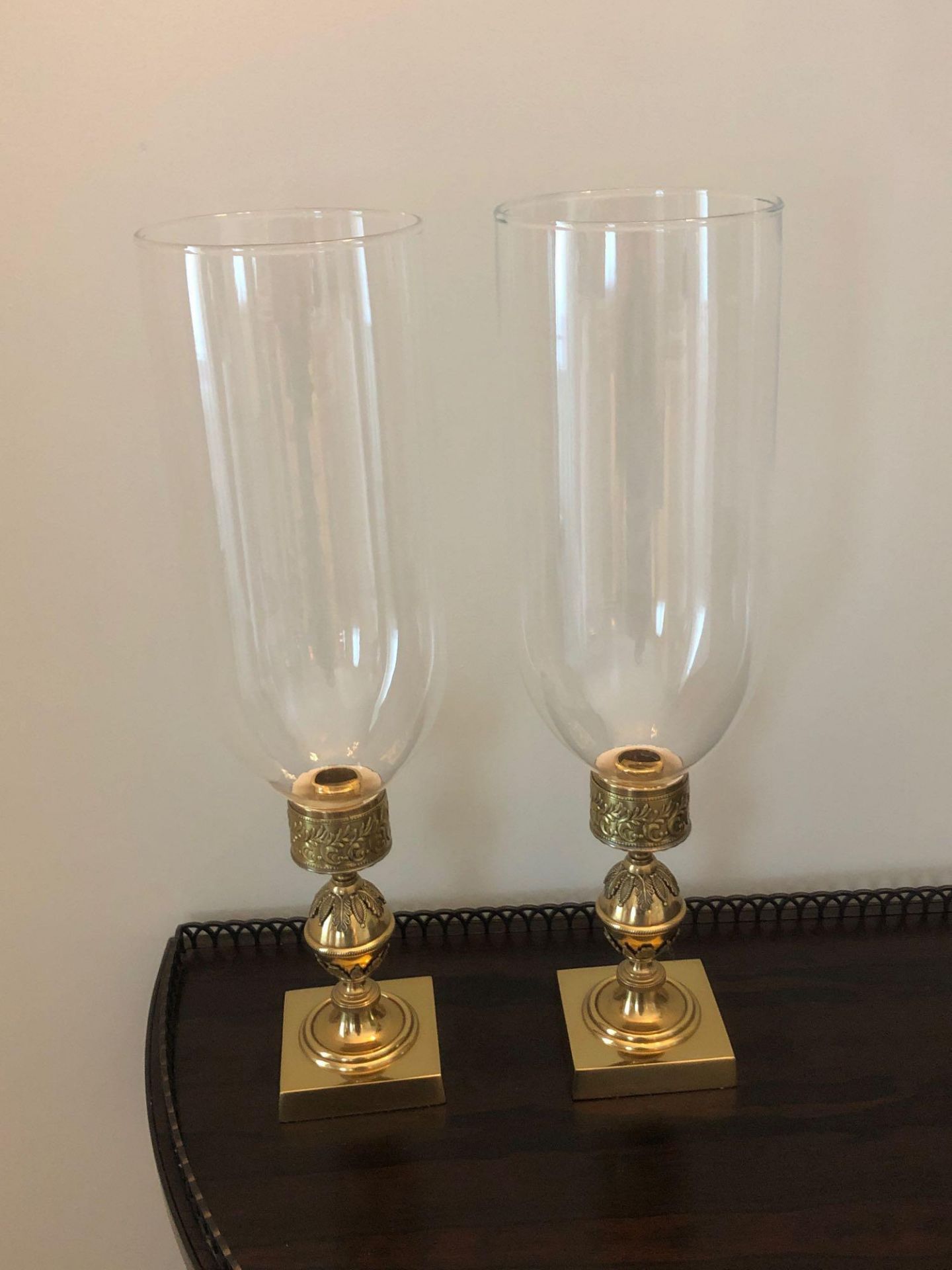 A Pair Of Candle Holders With Tall Glass Shades And Brass Featuring Ornamental Design 42cm (Room