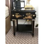 A Pair Of Marble Top Chinoiserie Black Lacquer Nightstands With Single Drawer With Hand Painted