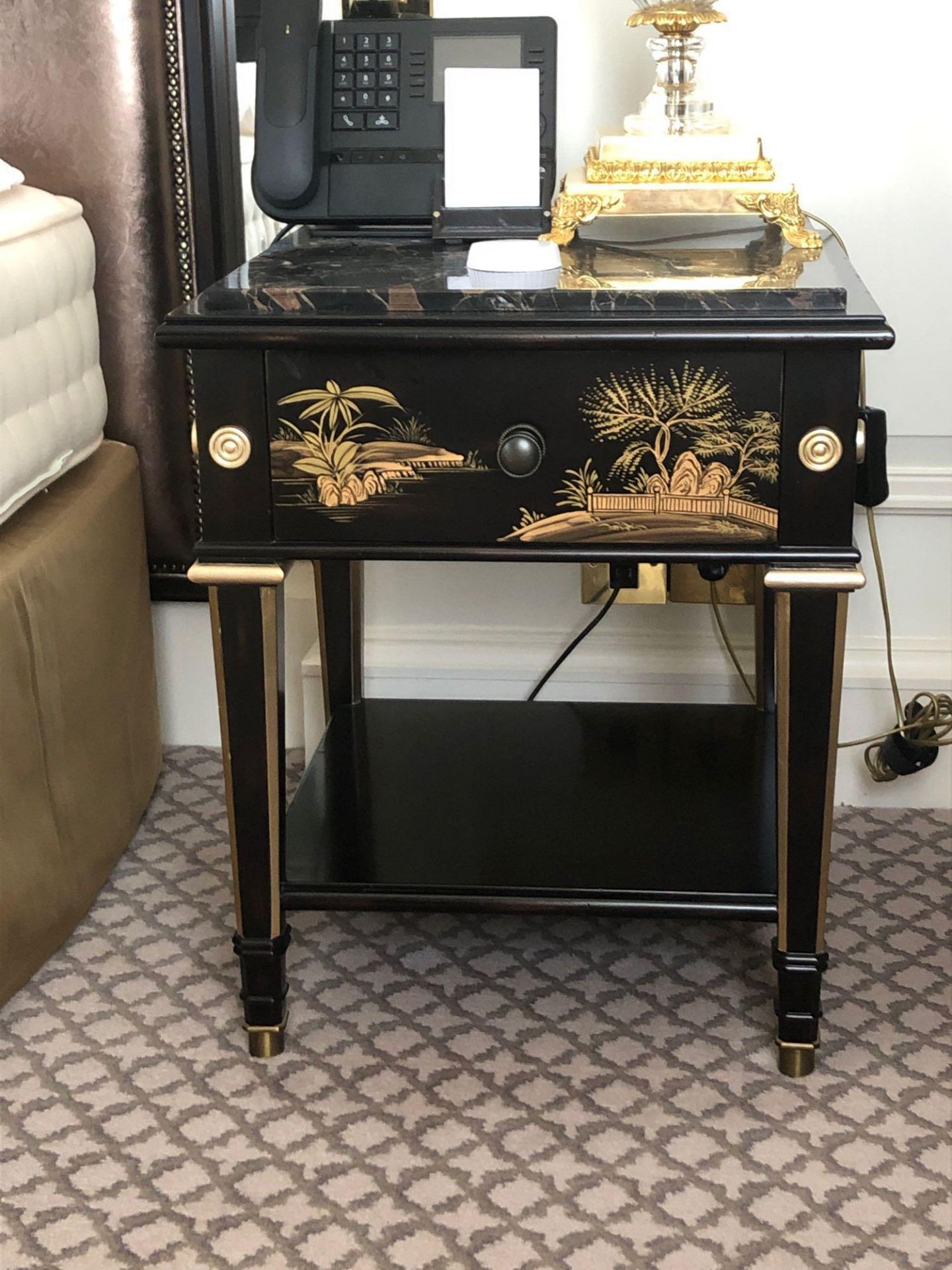 A Pair Of Marble Top Chinoiserie Black Lacquer Nightstands With Single Drawer With Hand Painted