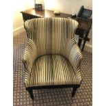 Wing Back Accent Chair In Grey Stripe Upholstery On Hardwood Dark Stain Base 55 x 50 x 94cm (Room