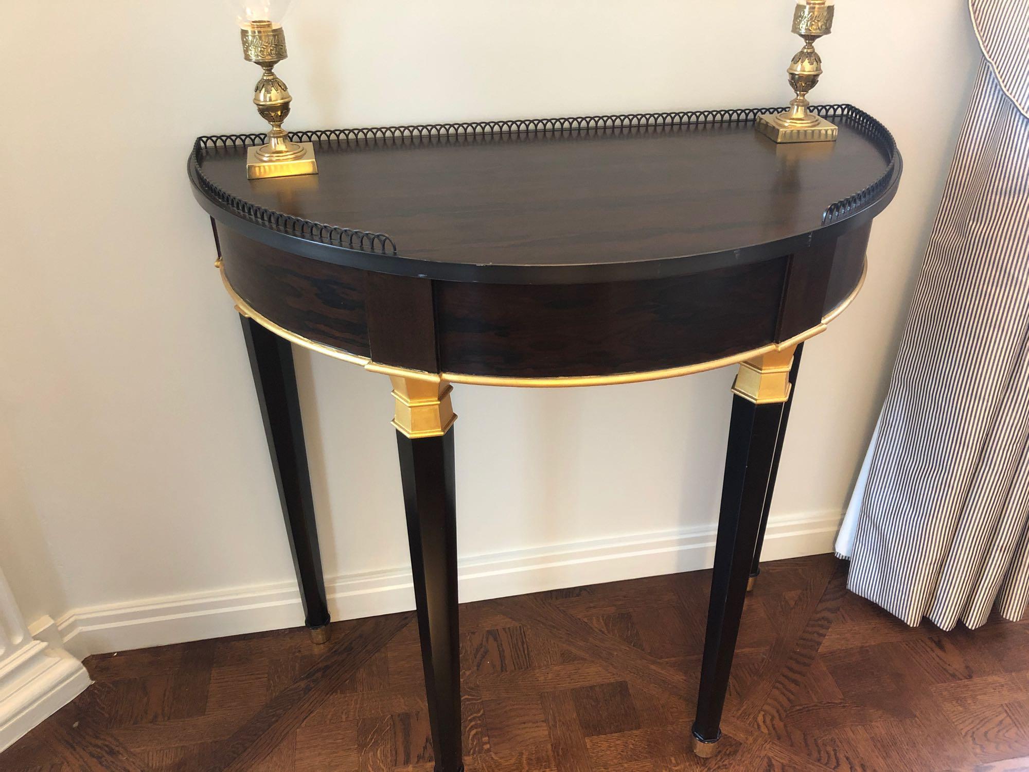 Demi Lune Console Table Wood And Gold With Tapered Legs And Bronze Feet 48 x 90 x 89cm (Room 517/8)