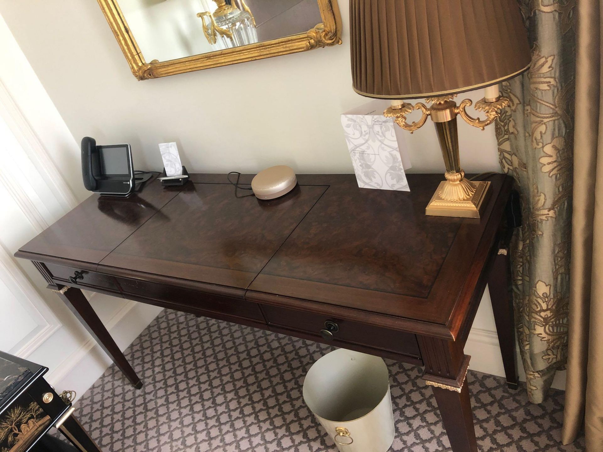 A Burr Mahogany Writing Desk / Dressing Table Fitted With Two Small Side Drawers The Central Panel