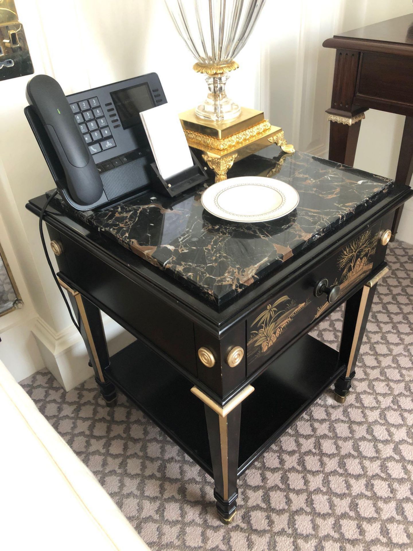 A Pair Of Marble Top Chinoiserie Black Lacquer Nightstands With Single Drawer With Hand Painted - Image 3 of 3