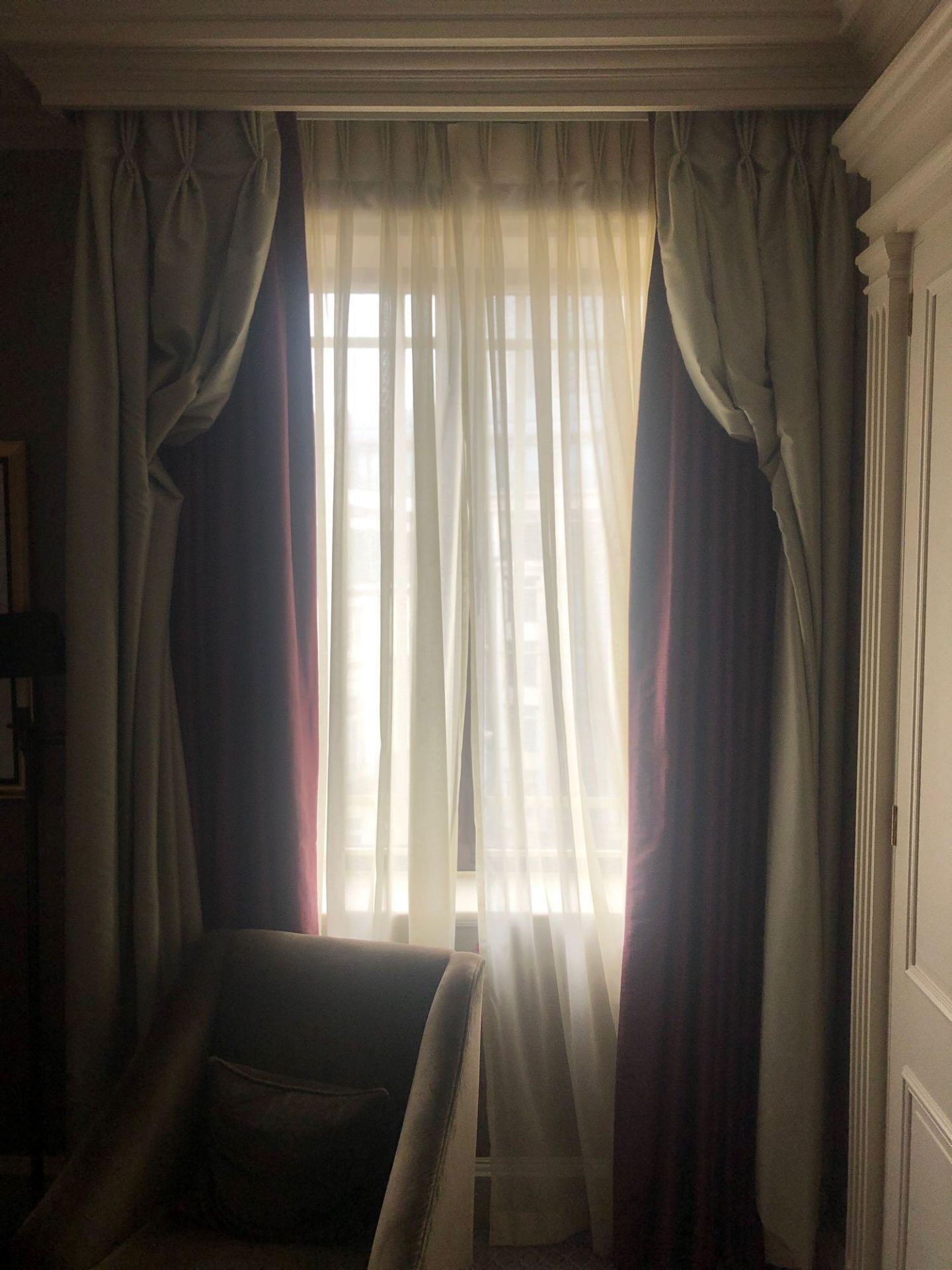 A Pair Of Silk Drapes And Jabots Champagne And Purple 265 x 165cm (Room 537)