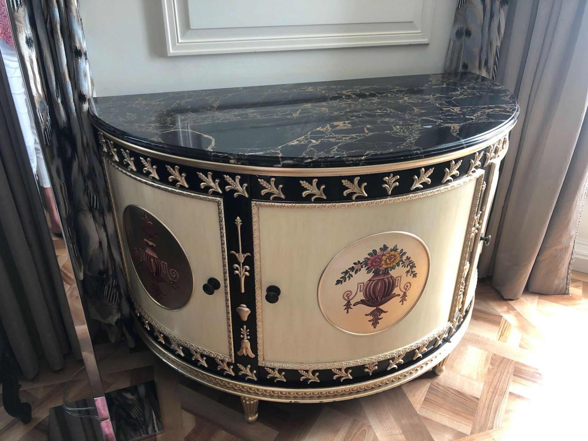 Adam Style Demilune Commode Cabinet With Classical Painted Scenes And Gilded Decoration With