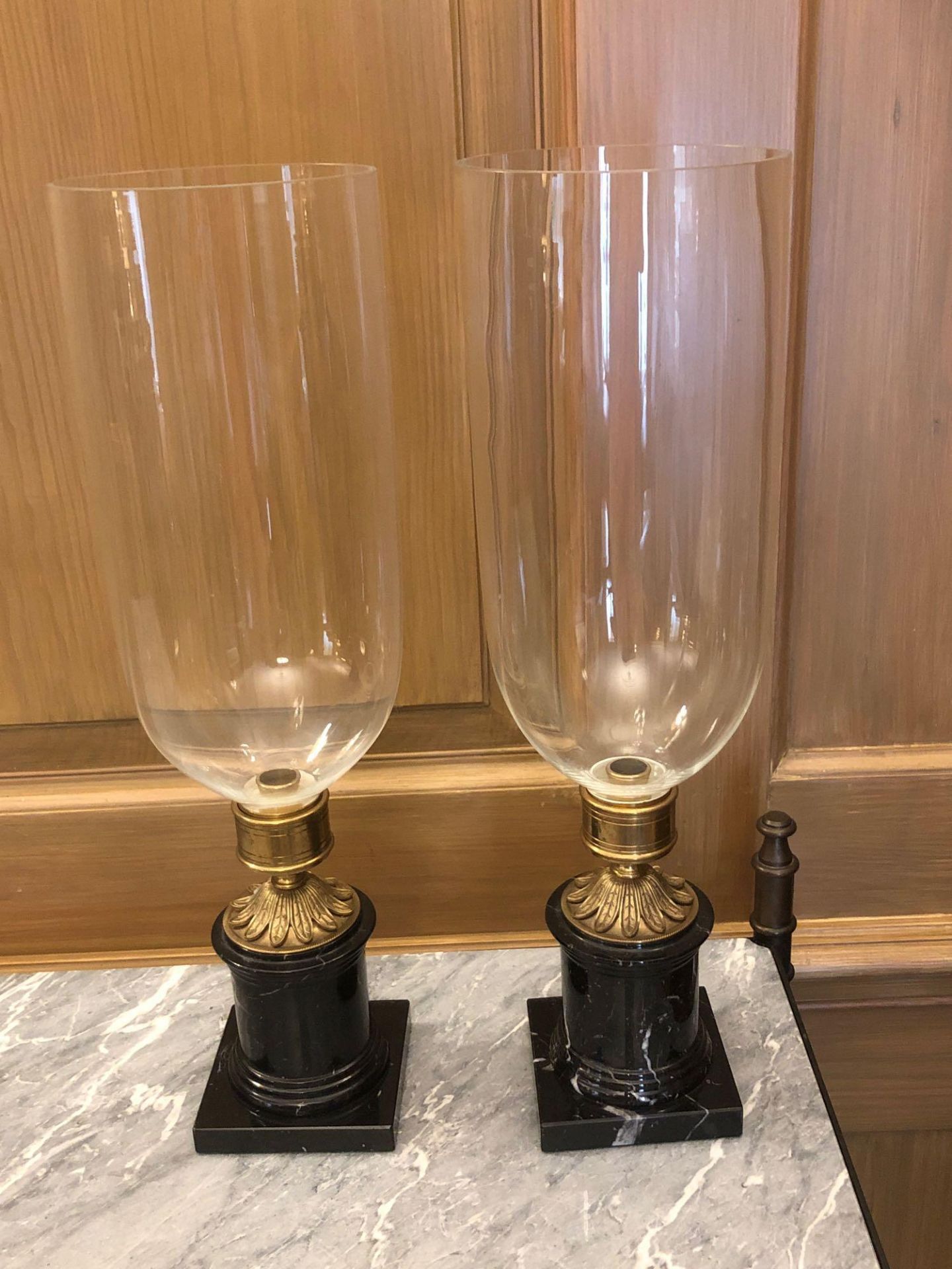A Pair Of Candle Holders With Tall Glass Shades And Brass Featuring Ornamental Design 42cm (Room