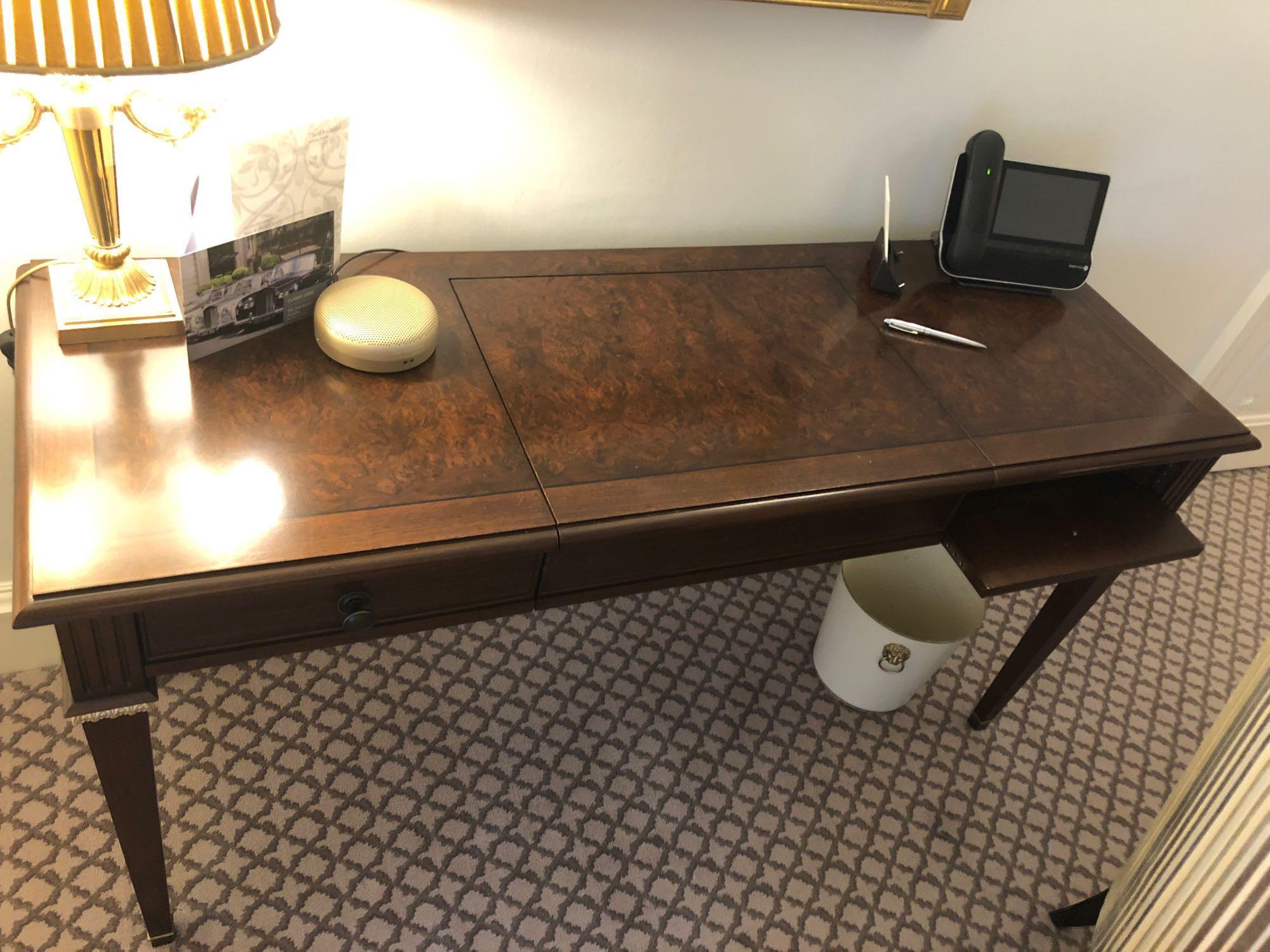 A Burr Mahogany Writing Desk / Dressing Table Fitted With Two Small Side Drawers The Central Panel