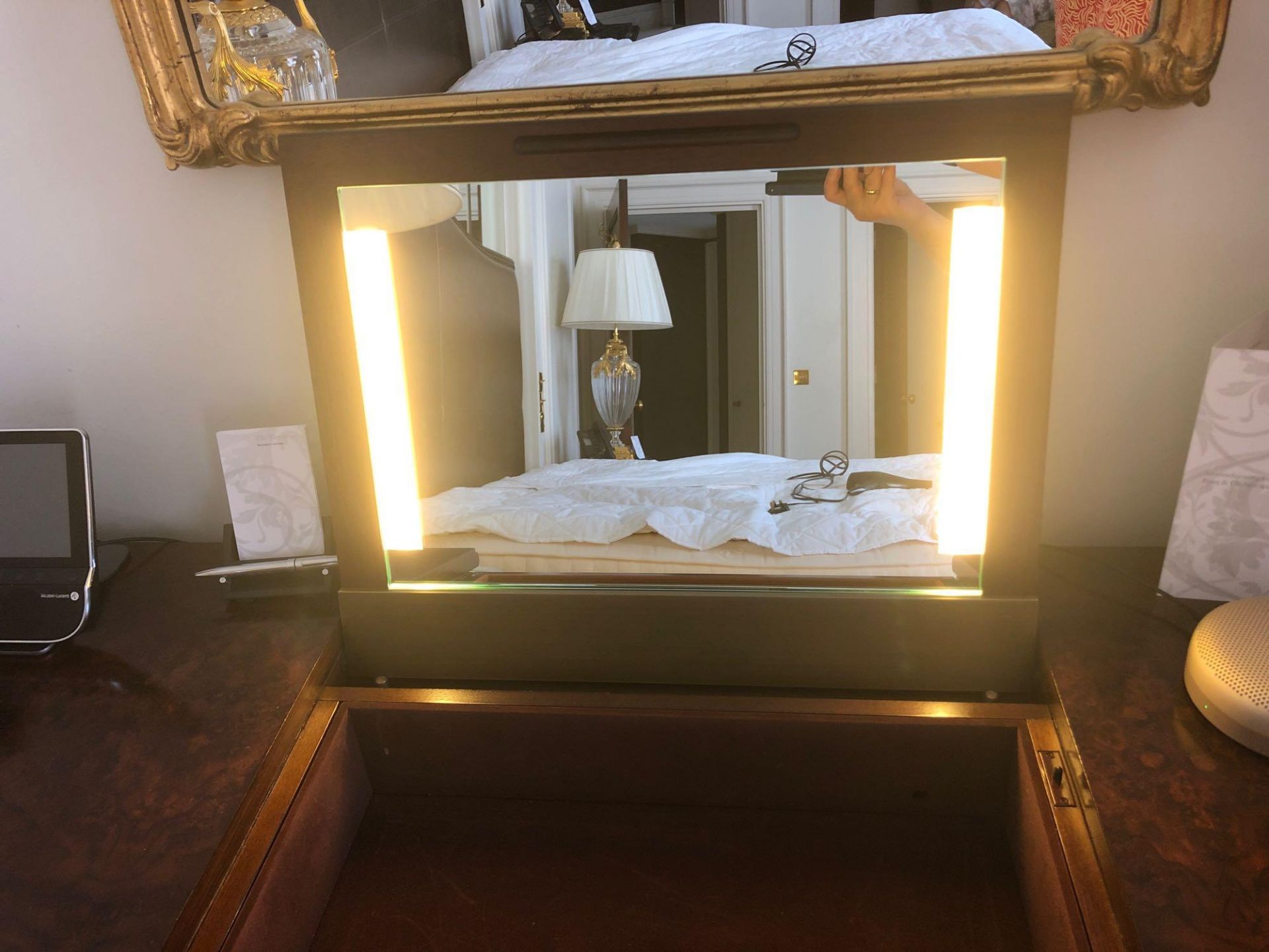 A Burr Mahogany Writing Desk / Dressing Table Fitted With Two Small Side Drawers The Central Panel - Image 2 of 6