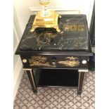 A Pair Of Marble Top Chinoiserie Black Lacquer Nightstands With Single Drawer With Hand Painted