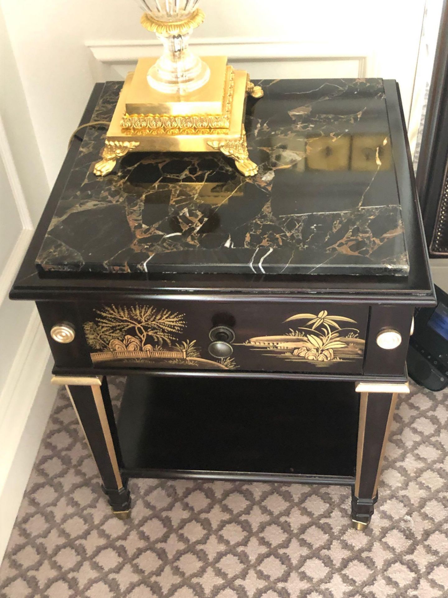 A Pair Of Marble Top Chinoiserie Black Lacquer Nightstands With Single Drawer With Hand Painted