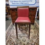 A Set Of 4 x Red Leather Wooden Framed Bar Stools Padded Back And Seat Pad With H Frame And