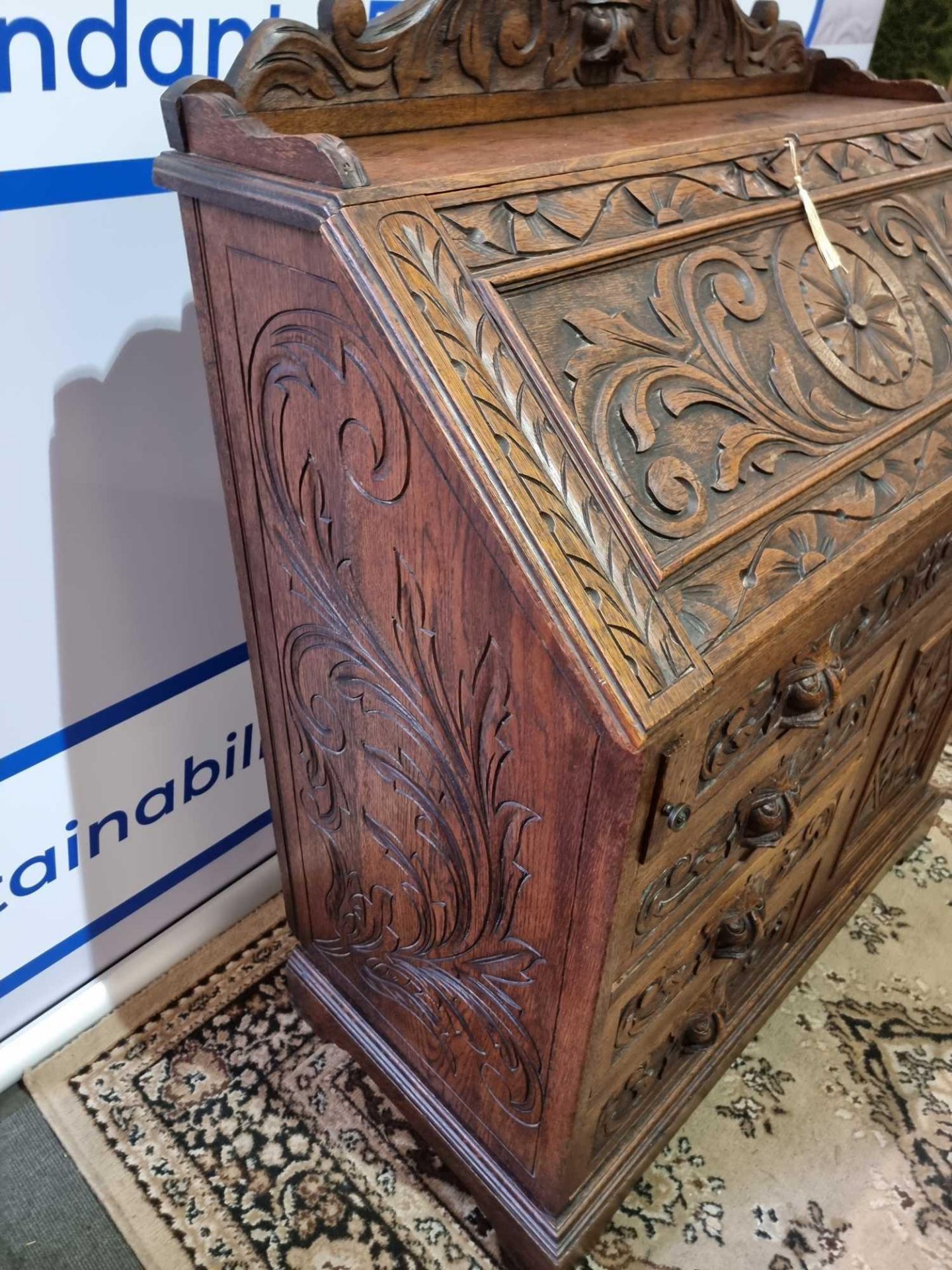 Victorian Green Man High Quality Carved Oak Bureau The Fall With A Moulded Book-Rest, Opening To - Bild 13 aus 19