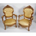 A Pair Of French Style Gilt Wood Framed Gent’s Open Armchairs, Each With Moulded Show Wood Frame,