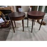 2 x Mahogany Side Tables Circular Top Mounted On Square Tapering Legs With Brass Colour Accents To