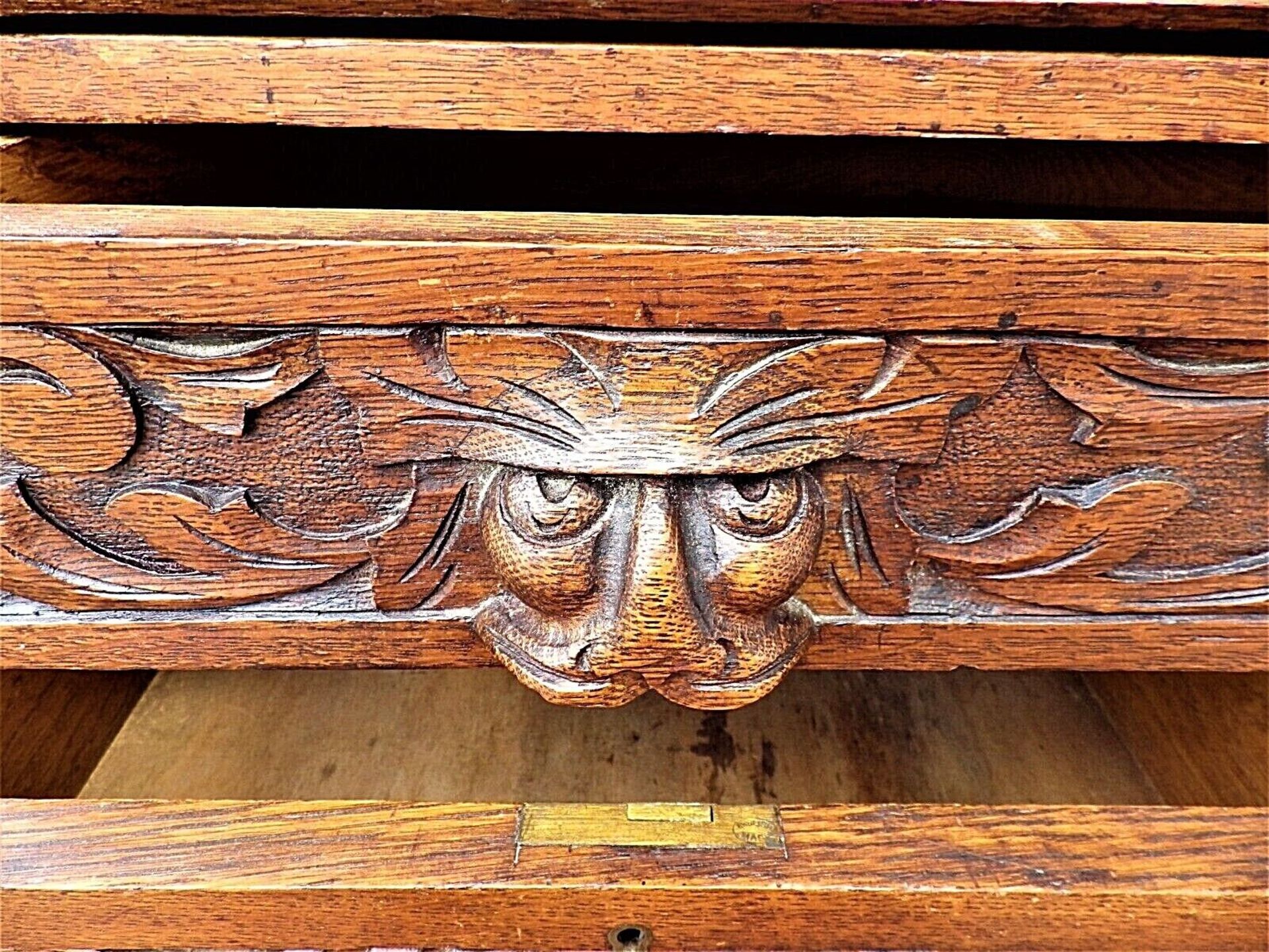 Victorian Green Man High Quality Carved Oak Bureau The Fall With A Moulded Book-Rest, Opening To - Bild 7 aus 19
