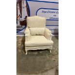 A Pair Of Bergere Chairs White Ornate Wood Frames Upholstered In Natural White Linen With Stud Pin