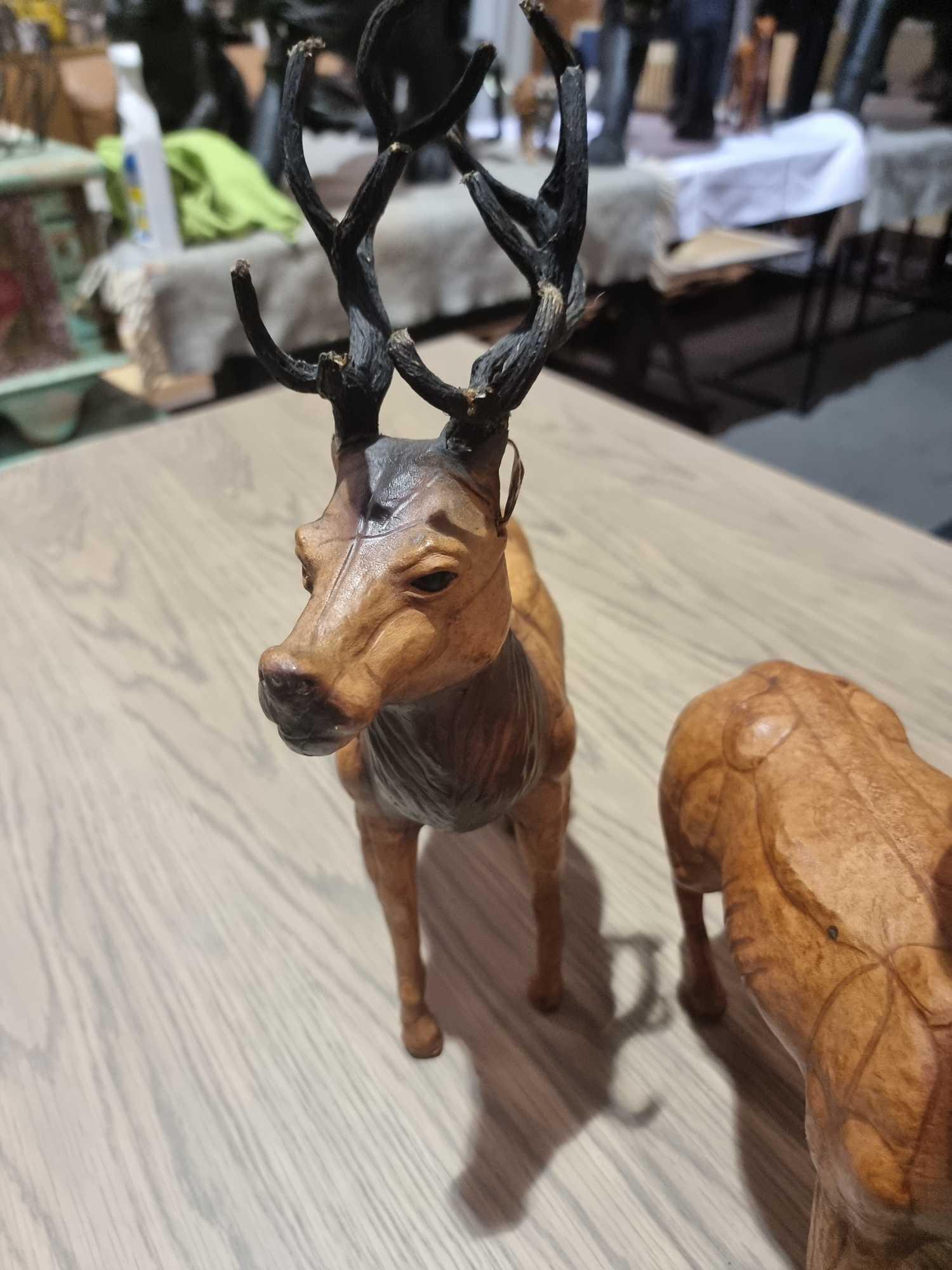 A Set of 2 x Leather Wrapped Deer with Antlers With Glass Eyes The Deer Have Glass Eyes And Is - Image 3 of 9