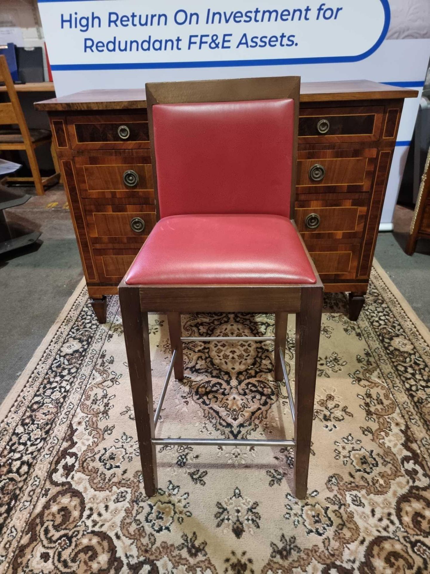 A Set Of 4 x Red Leather Wooden Framed Bar Stools Padded Back And Seat Pad With H Frame And