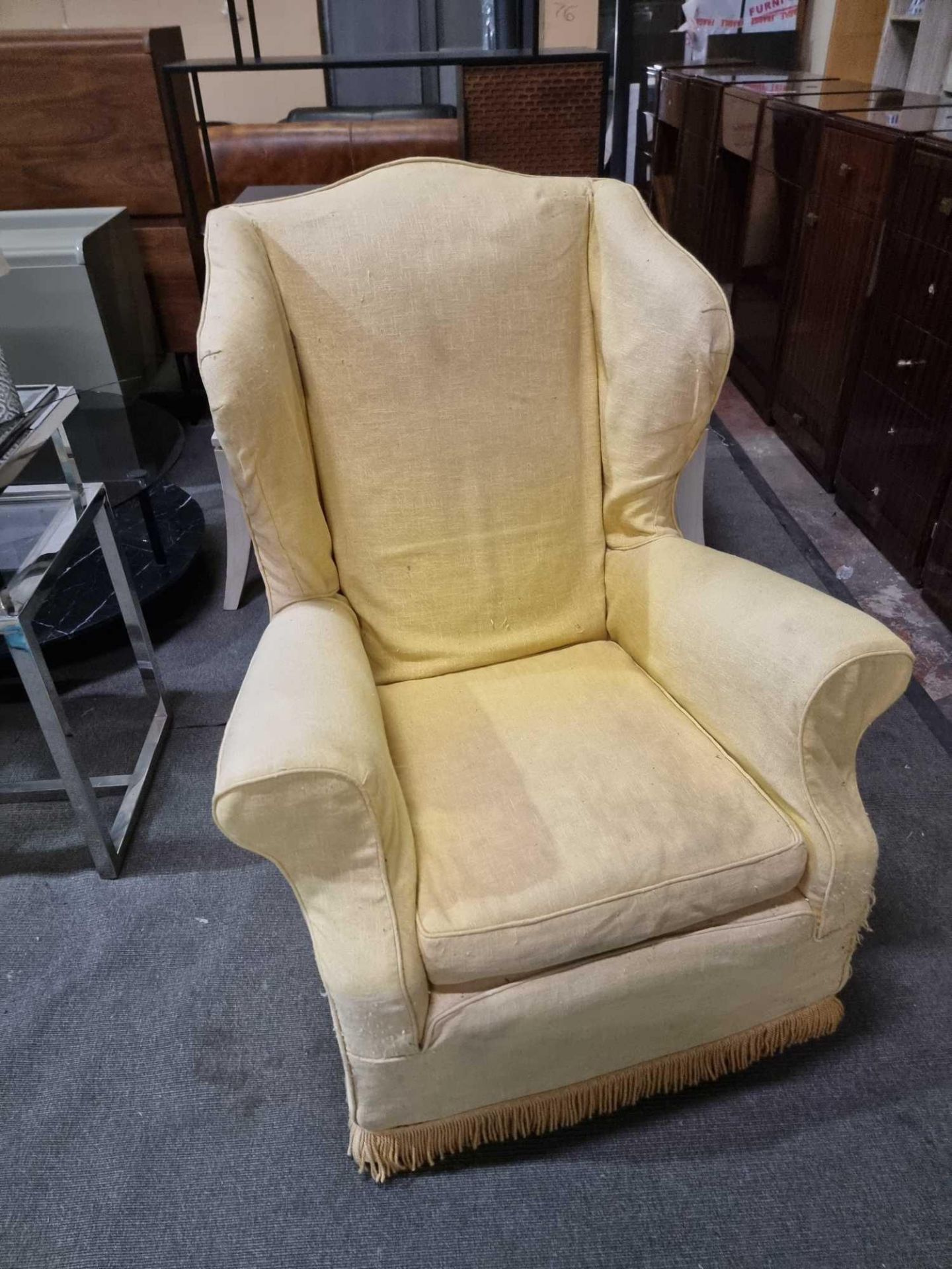 Wing Back Armchair Classic Styled Wing Arm Chair Framed And Upholstered In A Gold Yellow Cover - Bild 2 aus 7