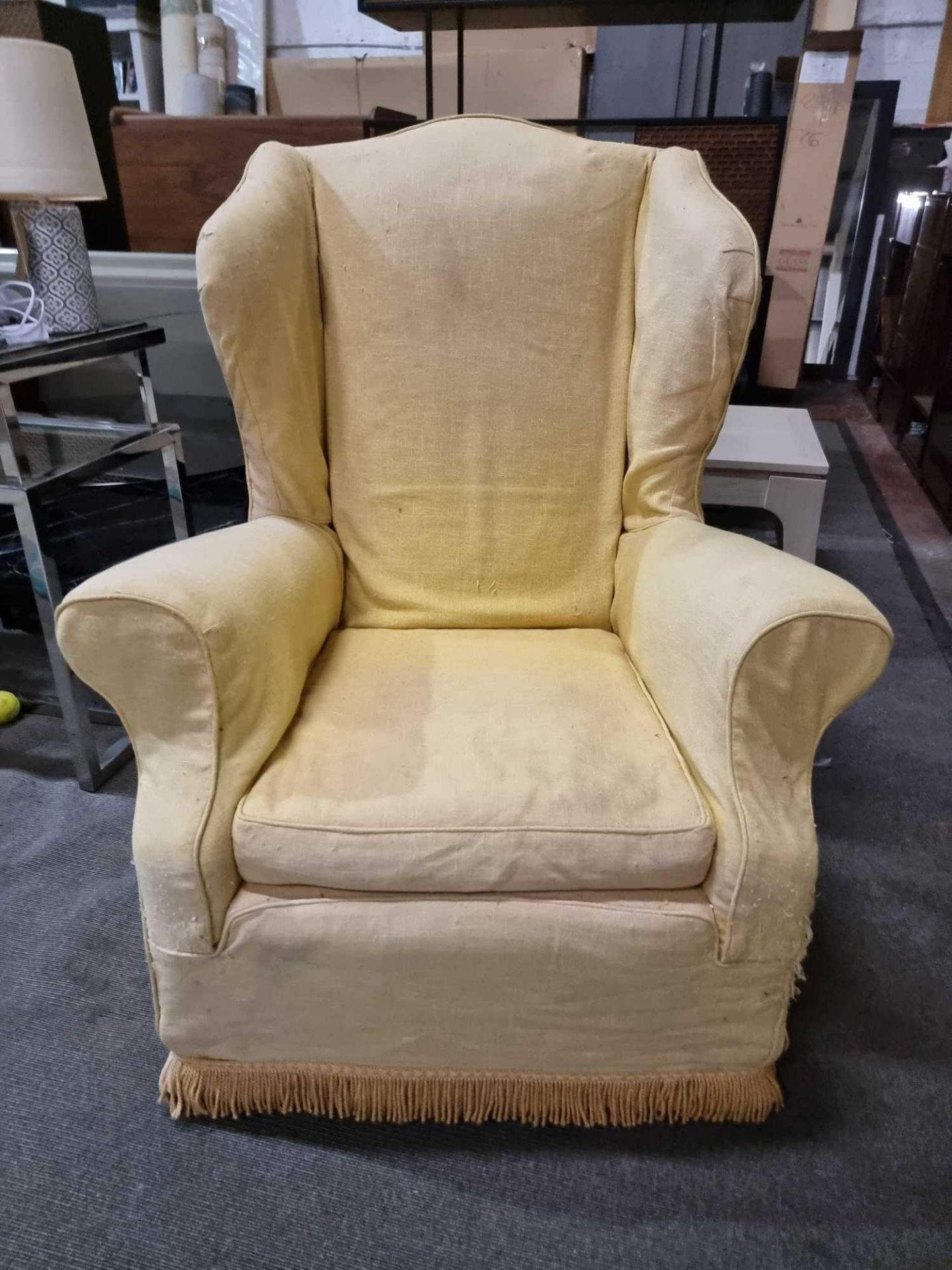 Wing Back Armchair Classic Styled Wing Arm Chair Framed And Upholstered In A Gold Yellow Cover - Bild 3 aus 7