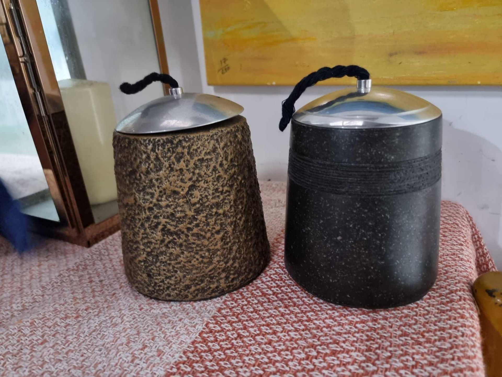 2 x Decorative Stone Pots With Metal Lid With Cotton Rope Wick Potentially A Room Incense Pots